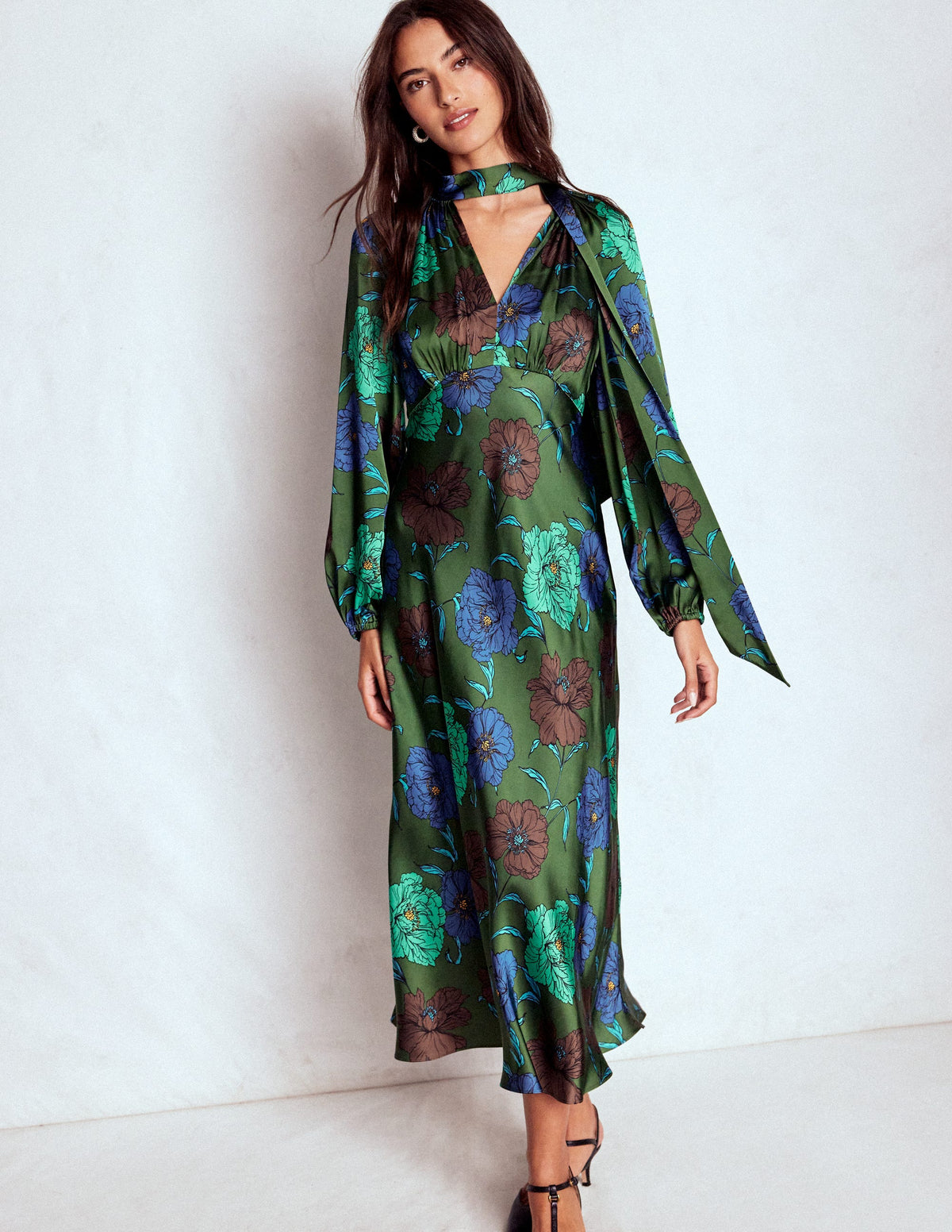 Tie Neck Satin Midi Dress-Green Fir, Peony Bloom - Image 4