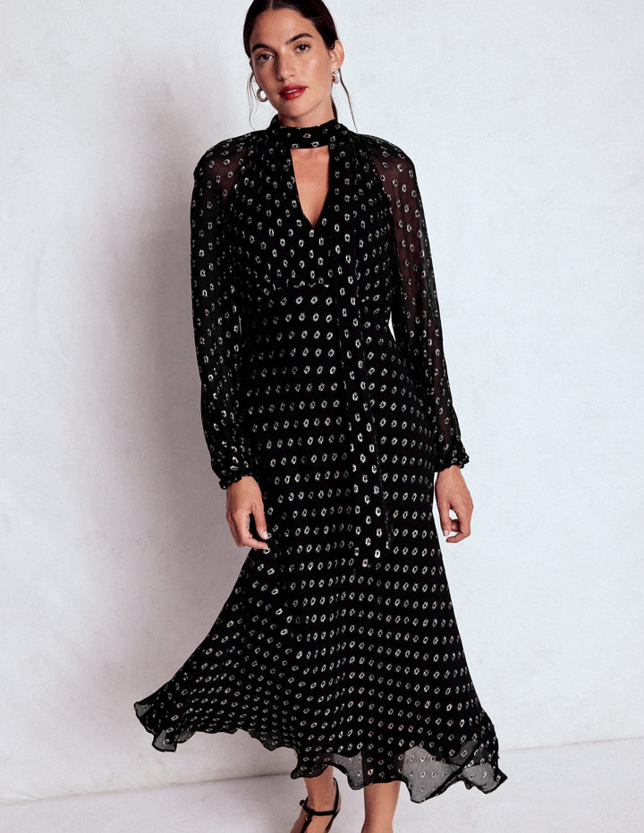 Tie Neck Midi Dress-Black and Silver Clip