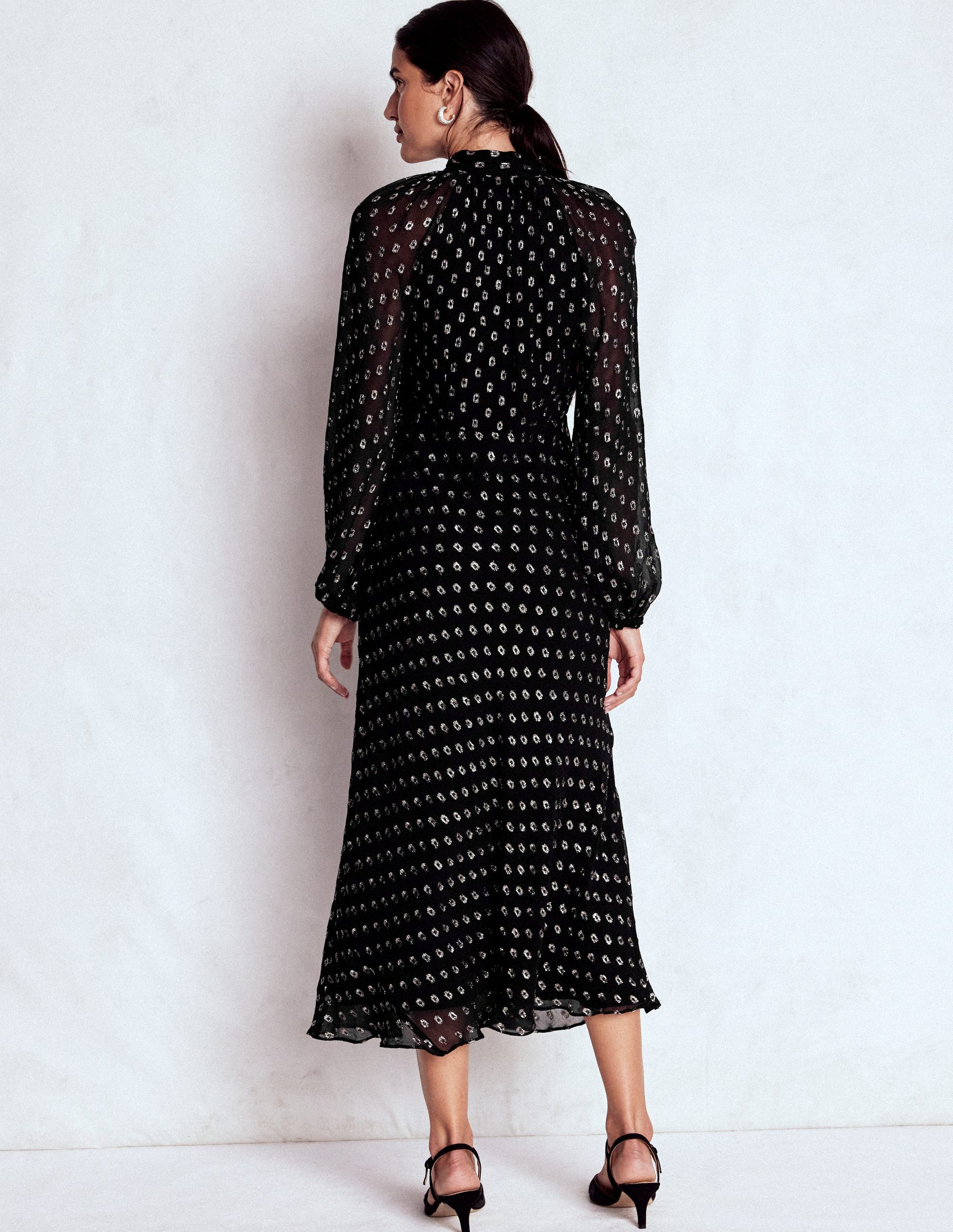 Tie Neck Midi Dress-Black and Silver Clip-3