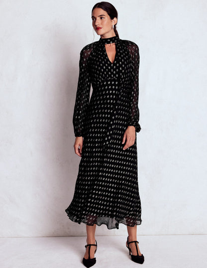 Tie Neck Midi Dress-Black and Silver Clip-4