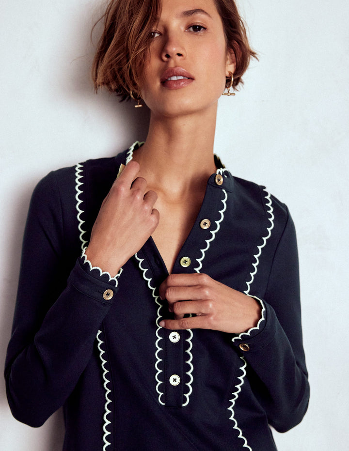 Scallop Detail Jersey Dress-Navy