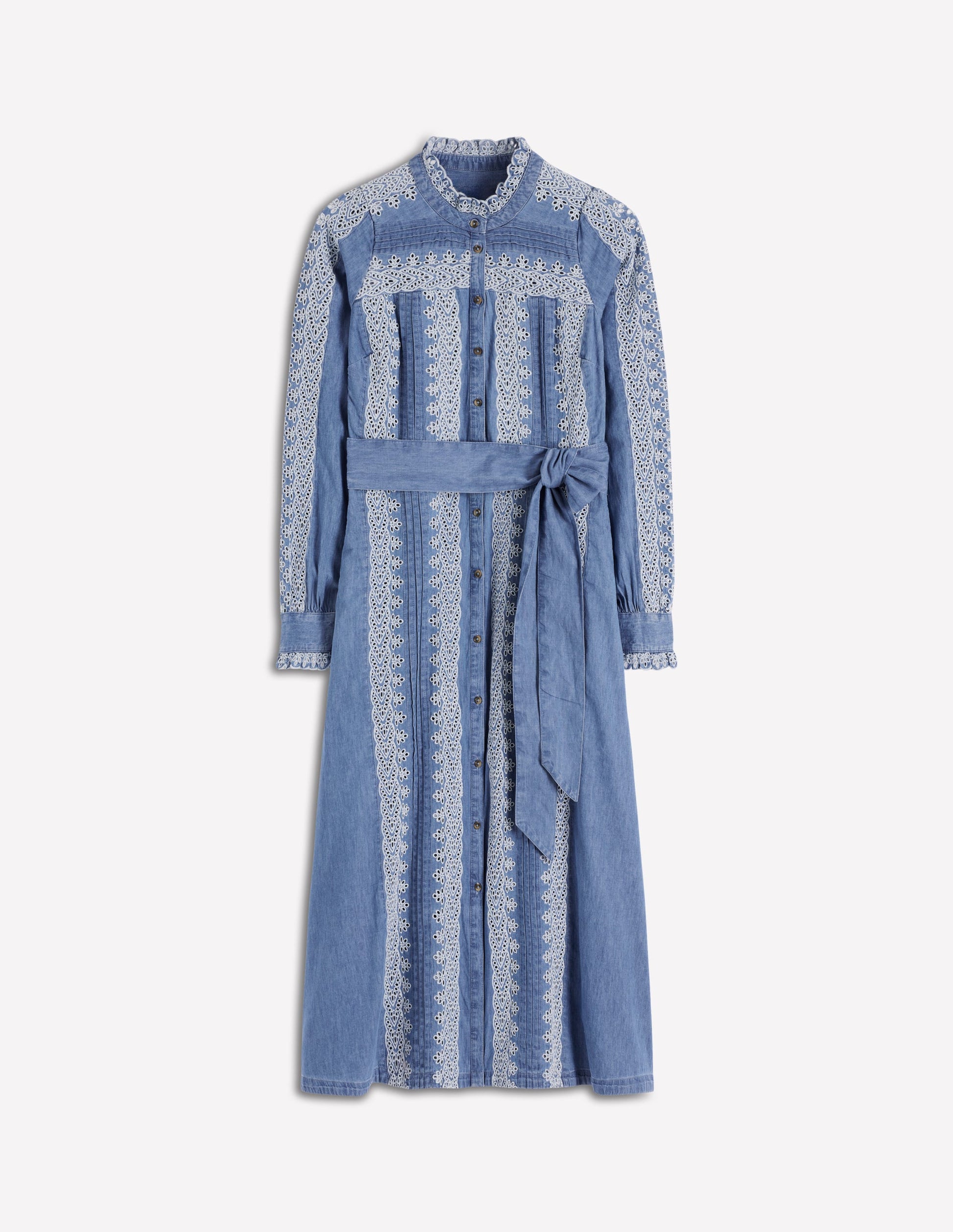 Boden Women's Ruffle Placket Chambray Dress in Blue | Size 6 Boden Women's Ruffle Placket Chambray Dress in Blue | Size 6
