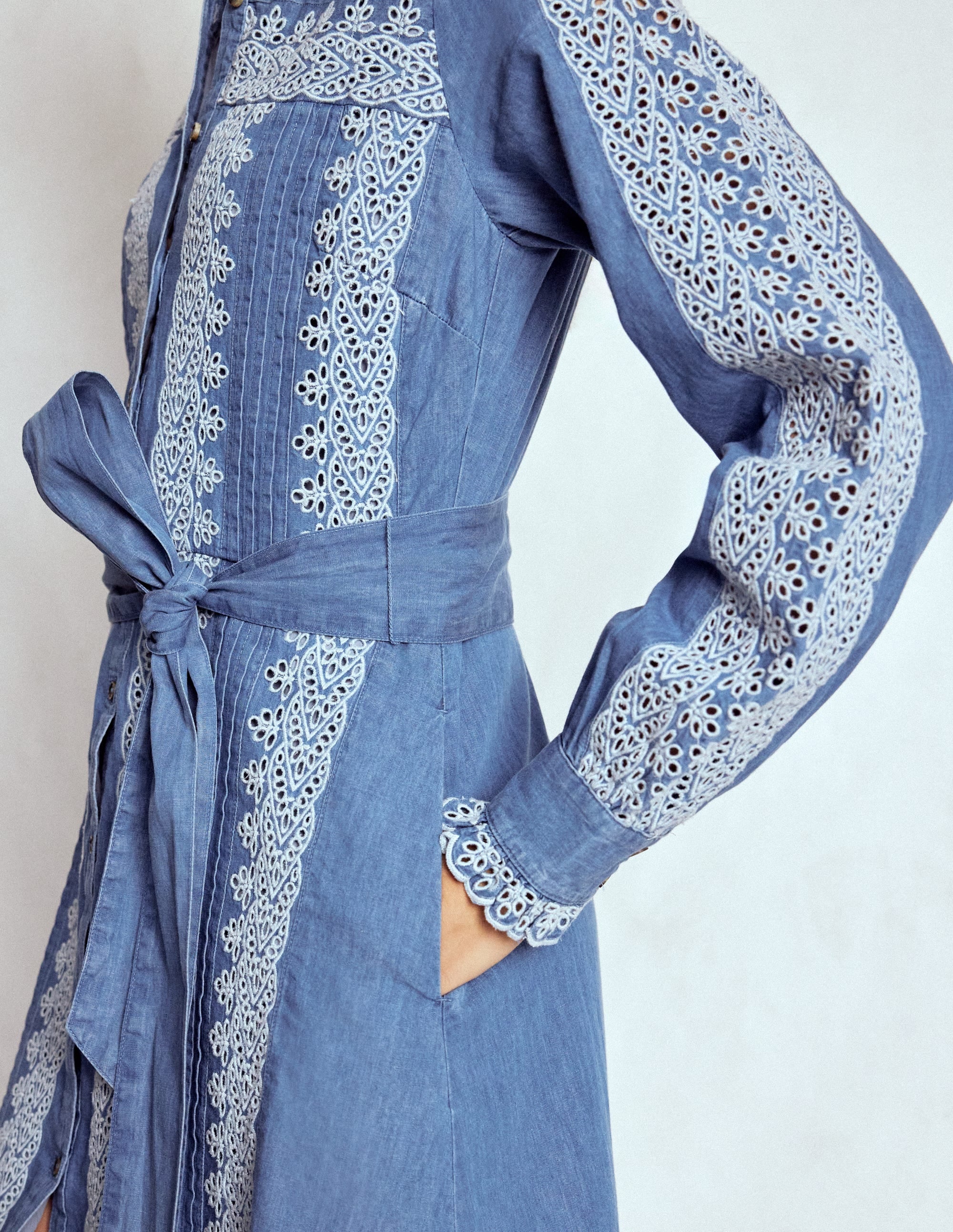 Ruffle Placket Chambray Dress-Light Blue Chambray | Boden USA