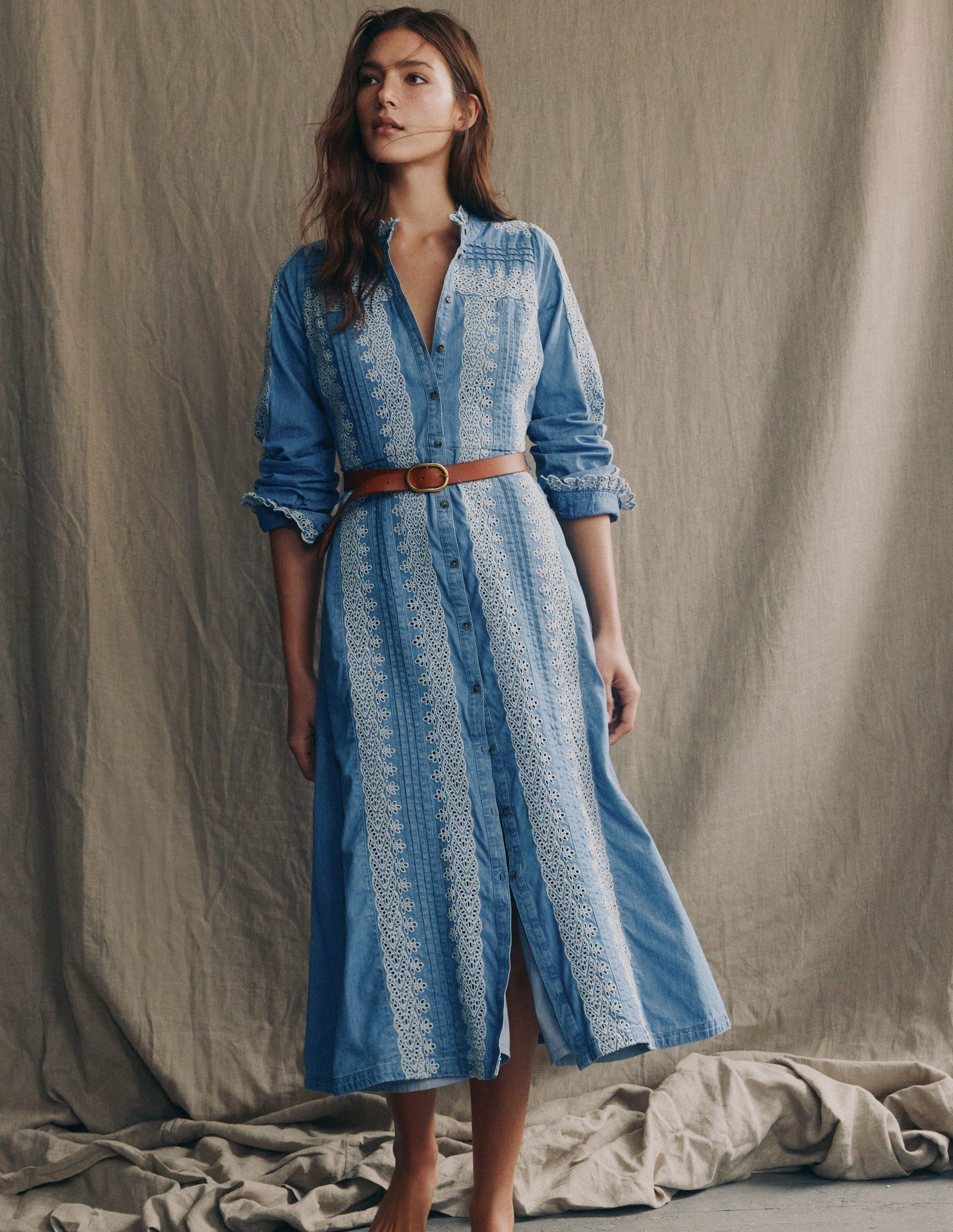Boden Women's Ruffle Placket Chambray Dress in Blue | Size 6 Boden Women's Ruffle Placket Chambray Dress in Blue | Size 6