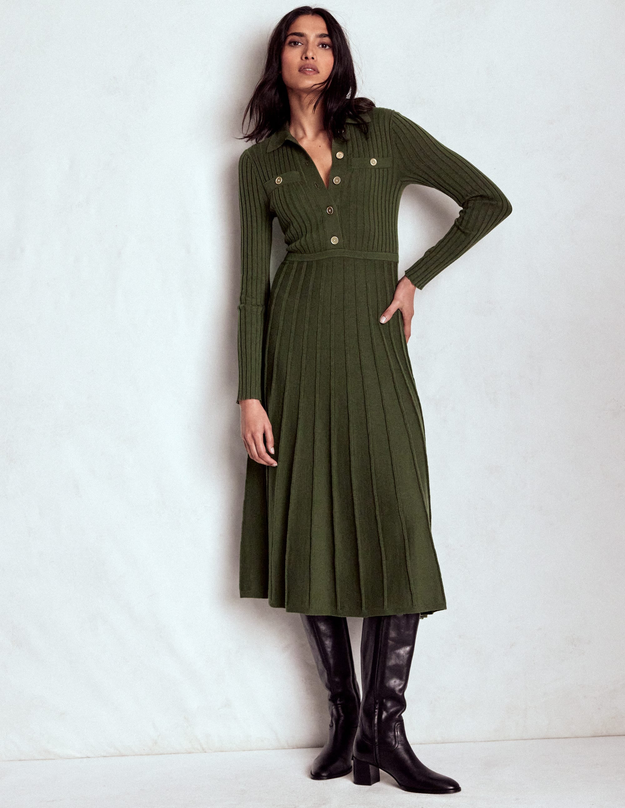 Brönte Knitted Rib Shirt Dress-Woodland Green - Image 1