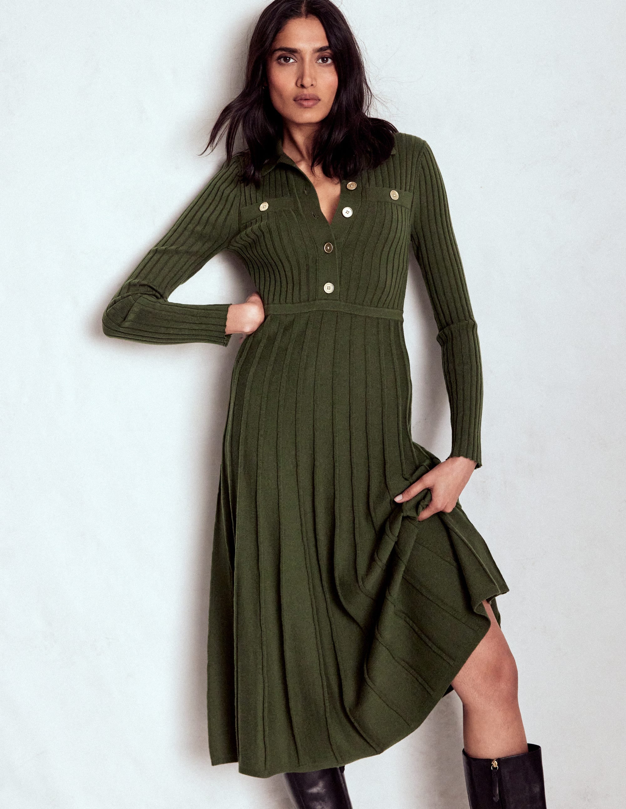 Brönte Knitted Rib Shirt Dress-Woodland Green - Image 5