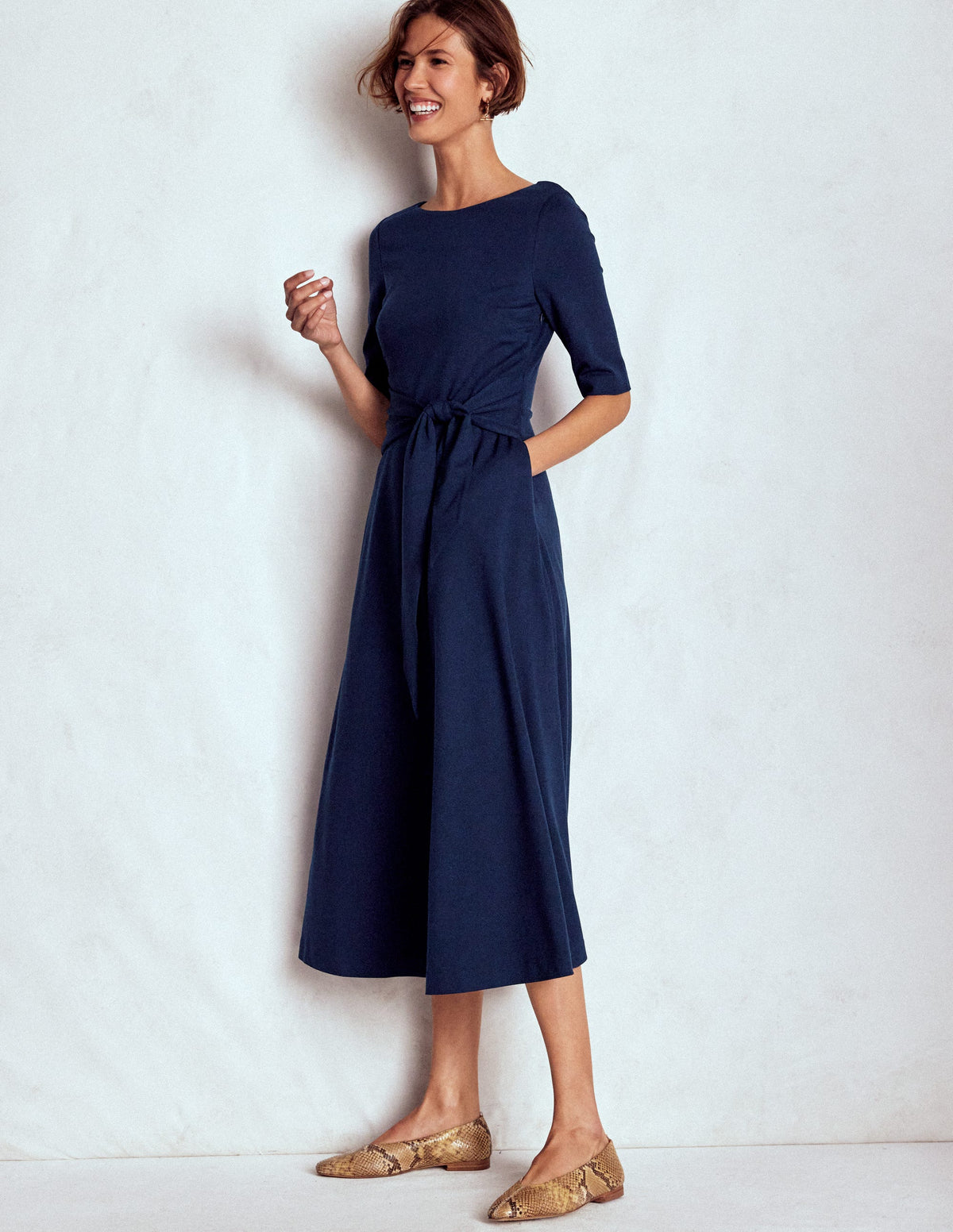 Mathilde Tie Waist Ponte Dress-Navy - Image 4
