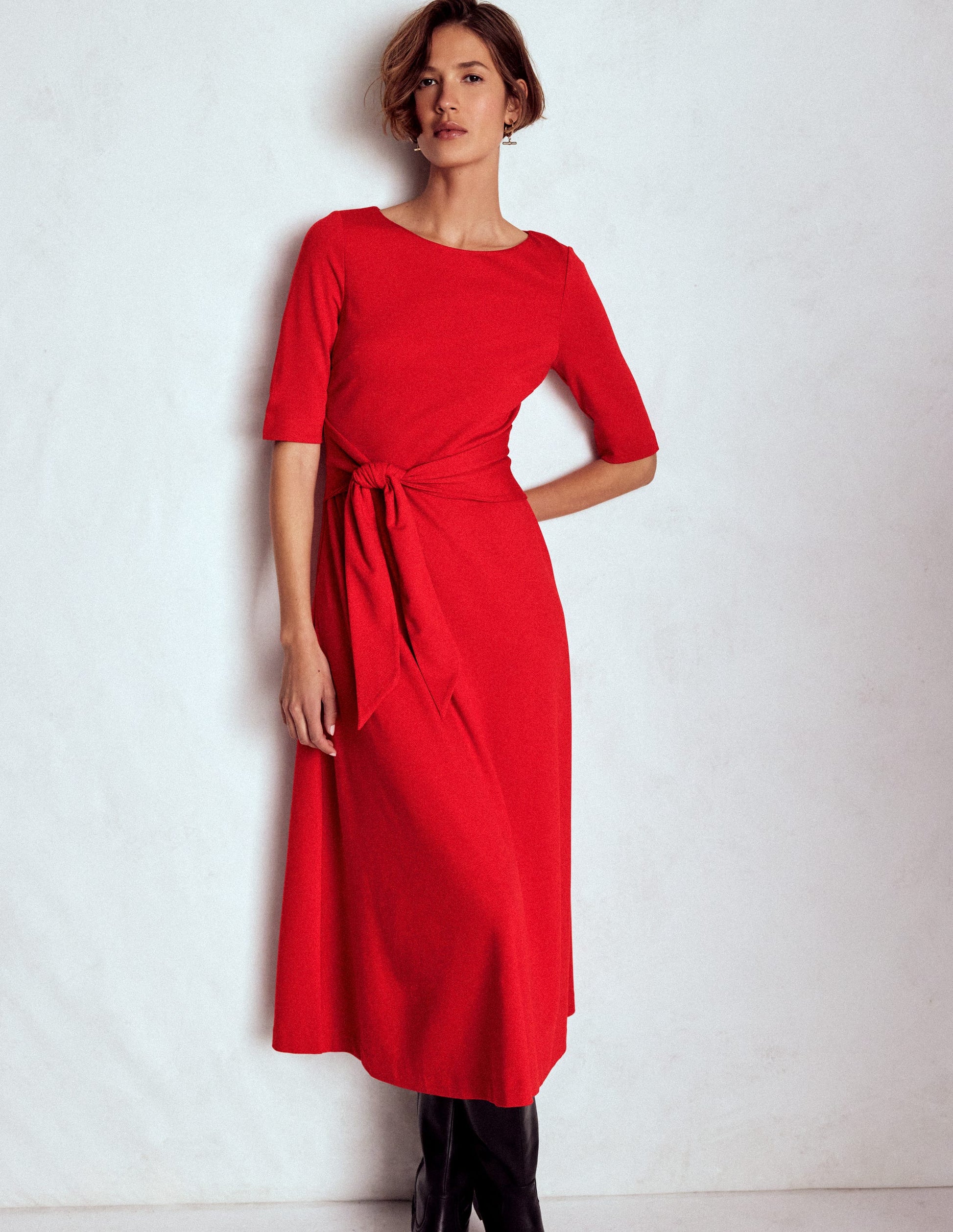 Mathilde Tie Waist Ponte Dress-Spicy Red-5