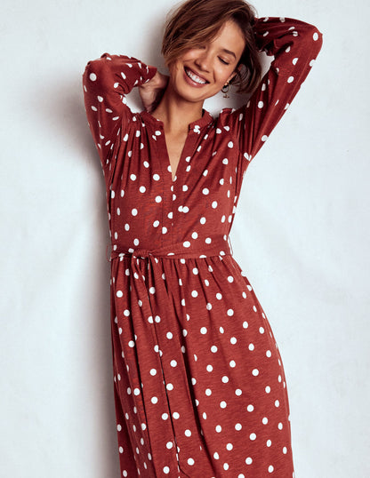 Naomi Long Sleeve Jersey Dress-Burnt Orange, Painted Dot-2