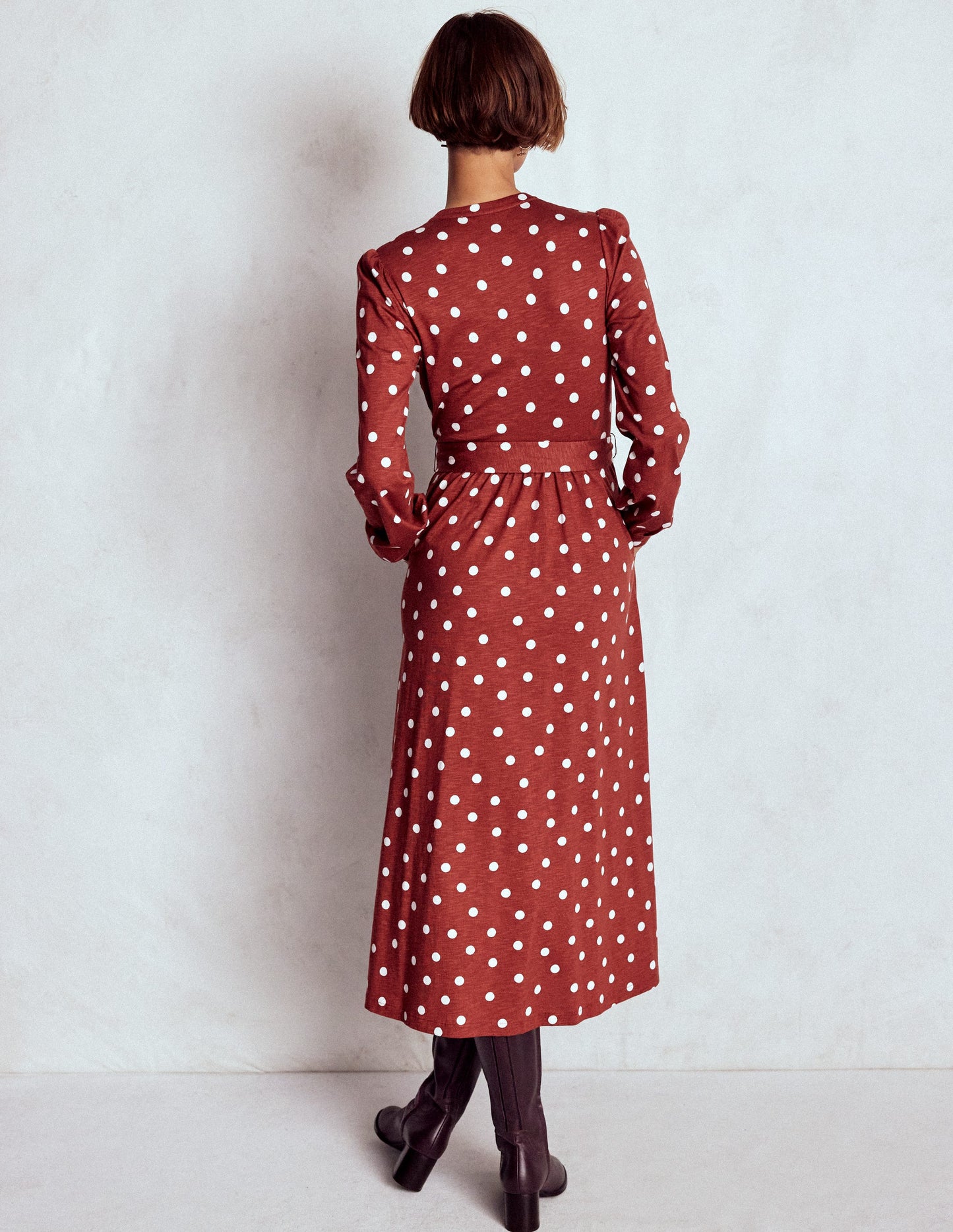Naomi Long Sleeve Jersey Dress-Burnt Orange, Painted Dot