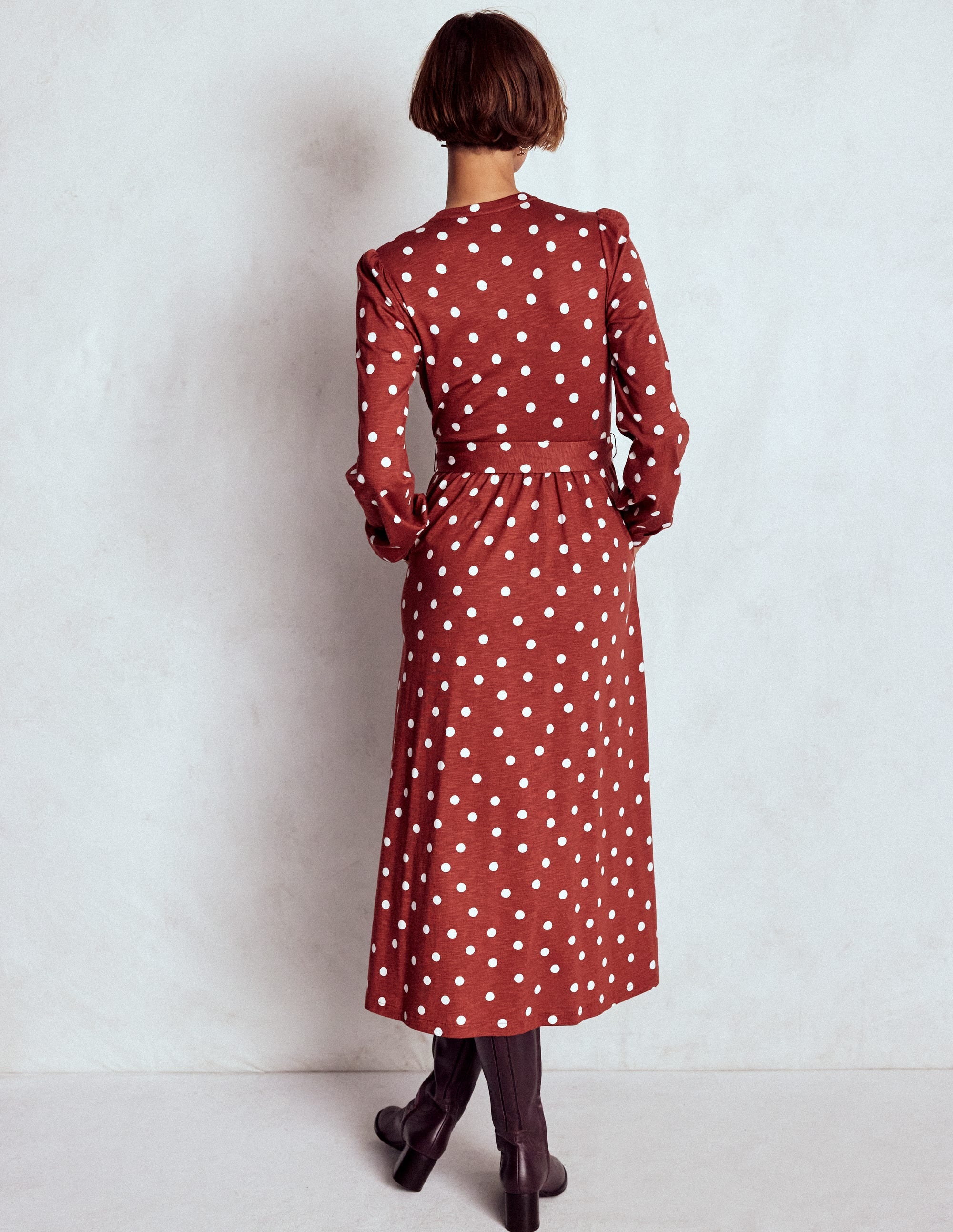 Naomi Long Sleeve Jersey Dress-Burnt Orange, Painted Dot - Image 3
