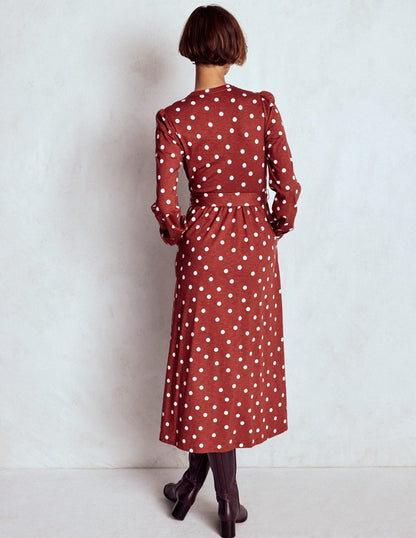 Naomi Long Sleeve Jersey Dress-Burnt Orange, Painted Dot-3