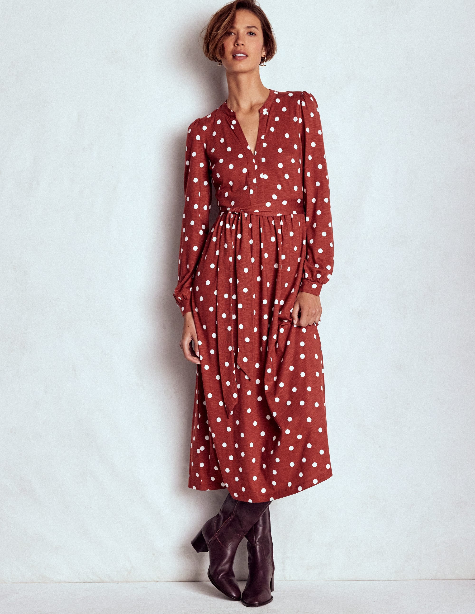 Naomi Long Sleeve Jersey Dress-Burnt Orange, Painted Dot - Image 4