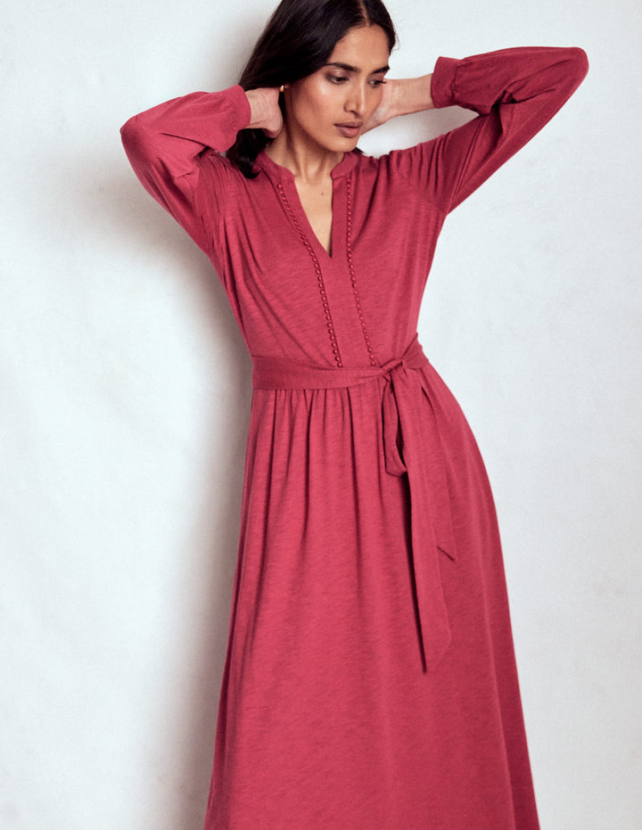 Naomi Long Sleeve Jersey Dress-Terracotta Red