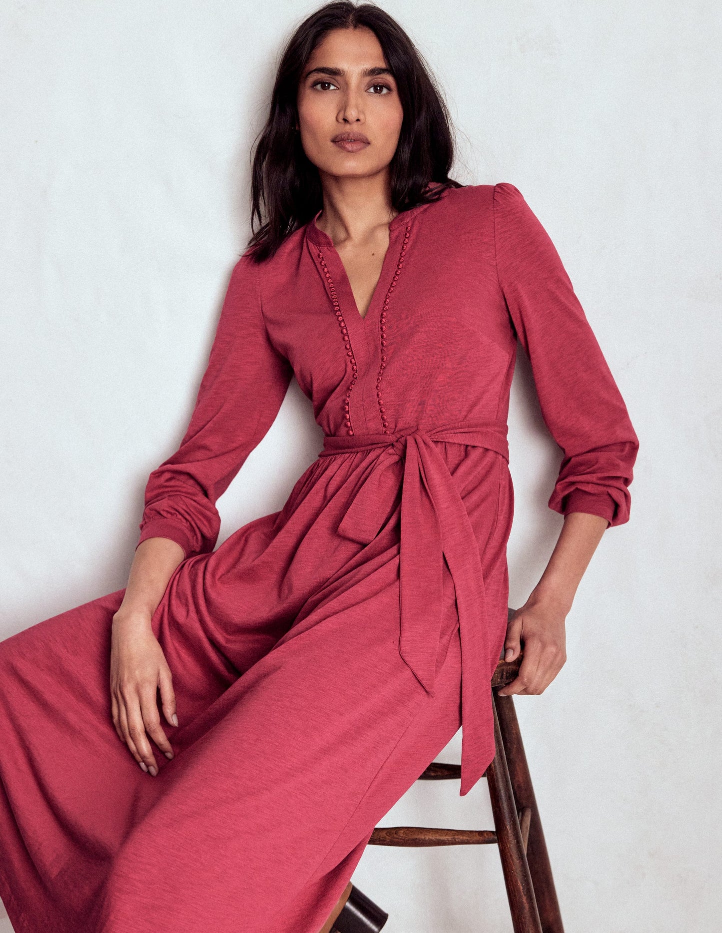 Naomi Long Sleeve Jersey Dress-Terracotta Red