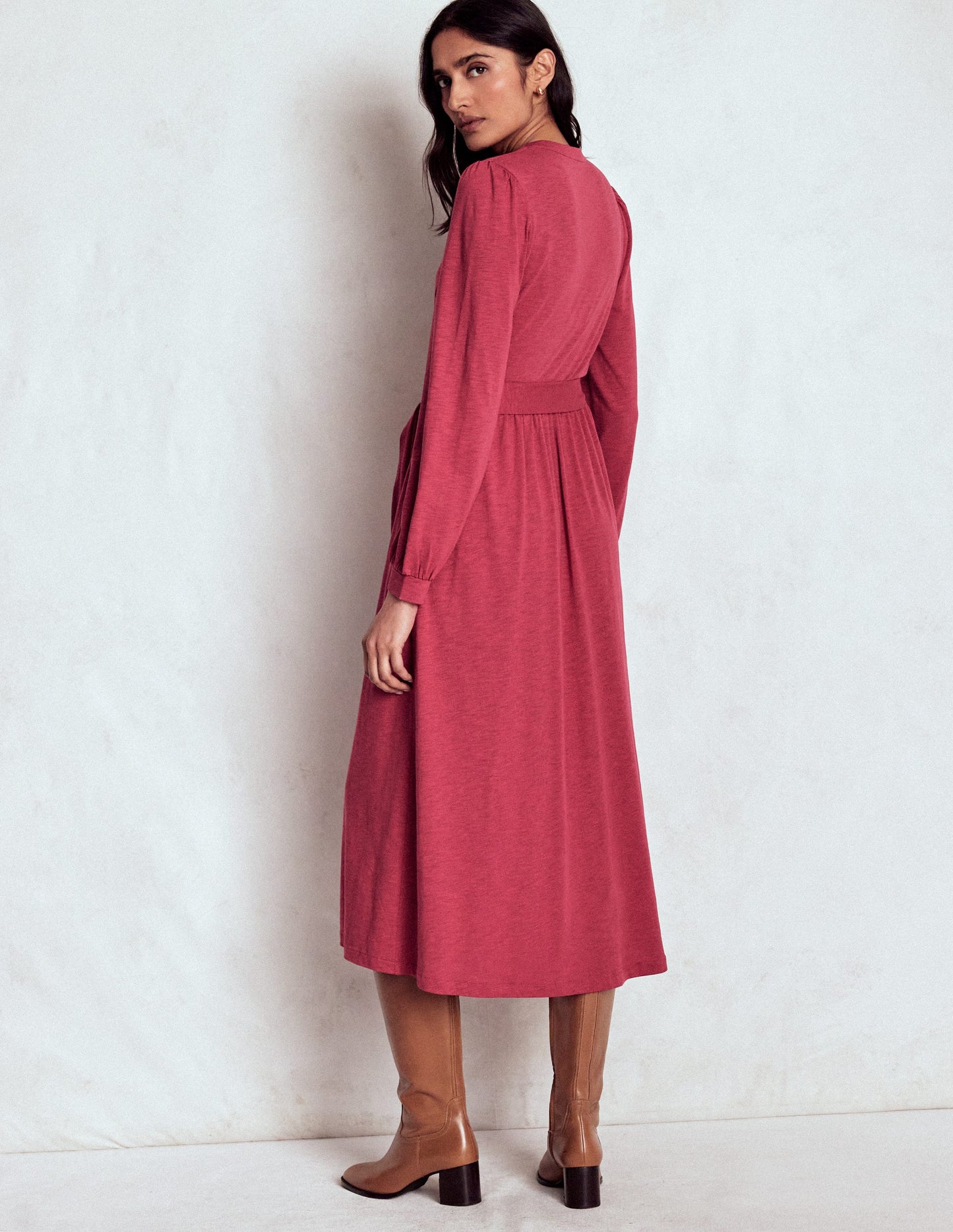 Naomi Long Sleeve Jersey Dress-Terracotta Red