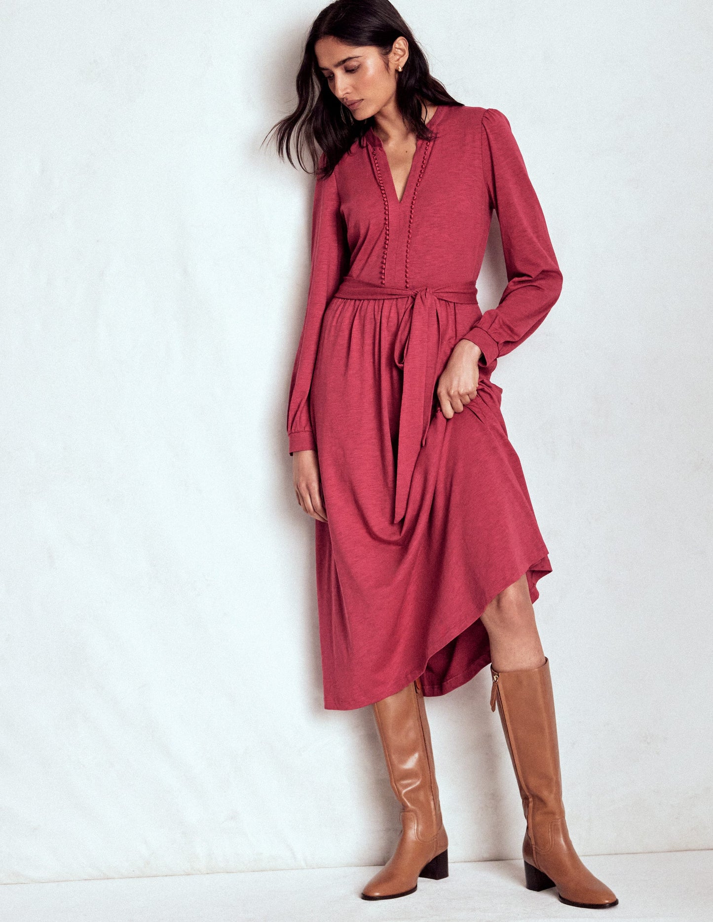 Naomi Long Sleeve Jersey Dress-Terracotta Red