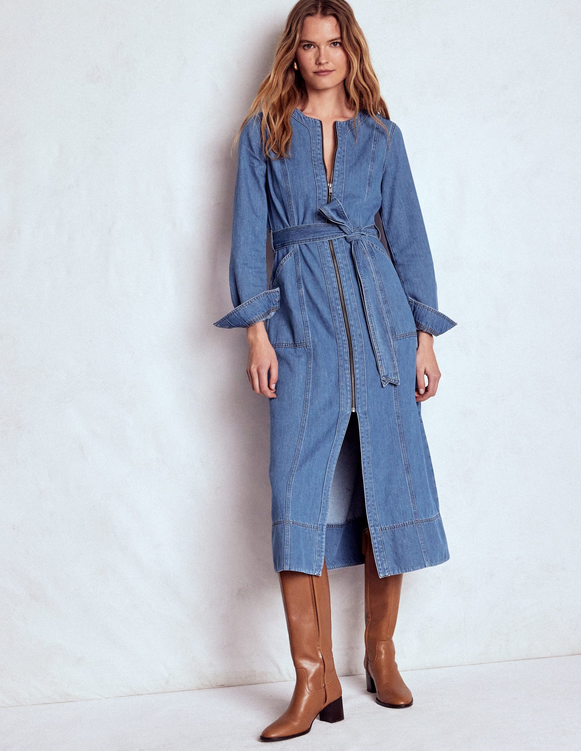 Zip Denim Straight Dress-Mid Vintage Denim-4