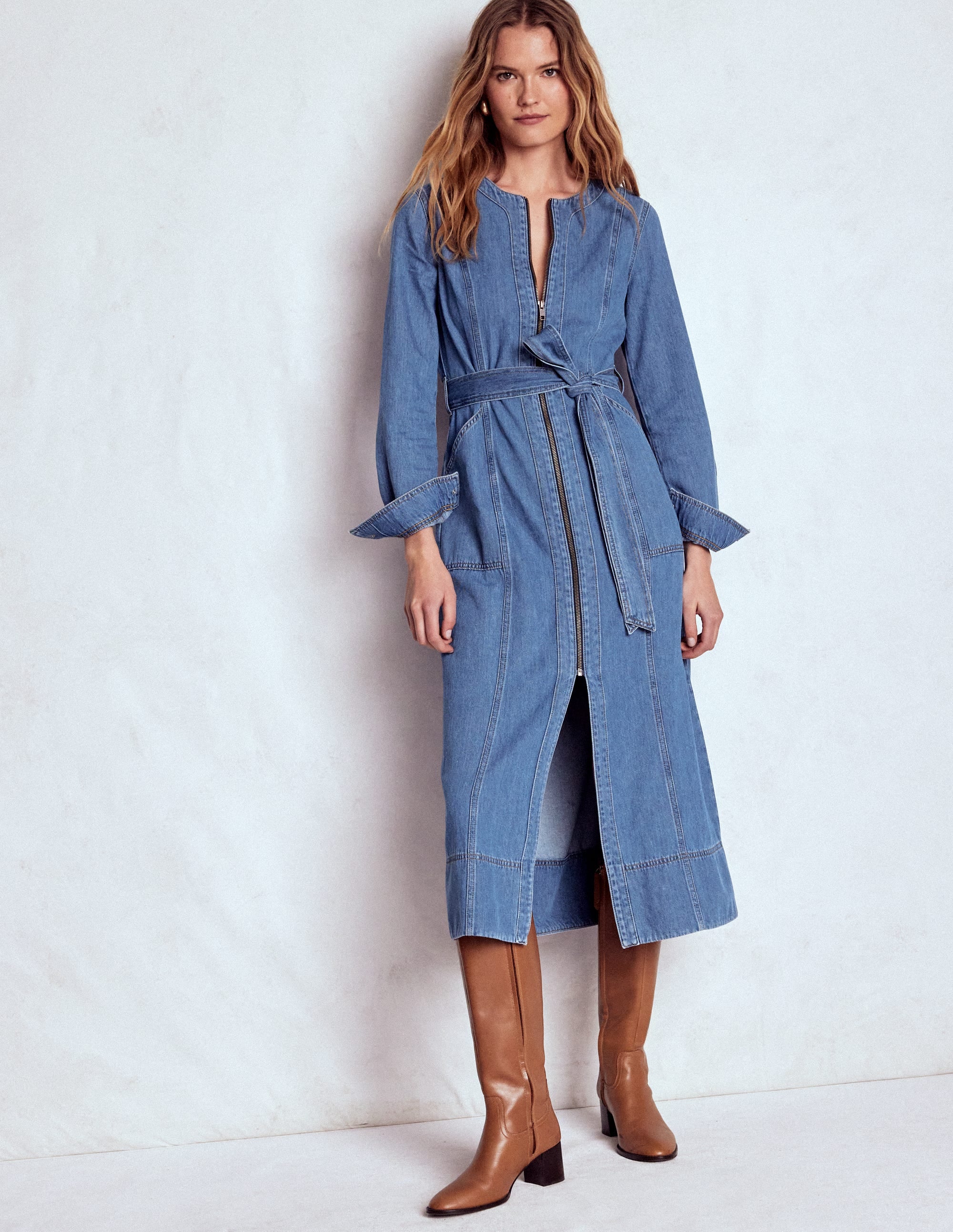 Zip Denim Straight Dress-Mid Vintage Denim - Image 1