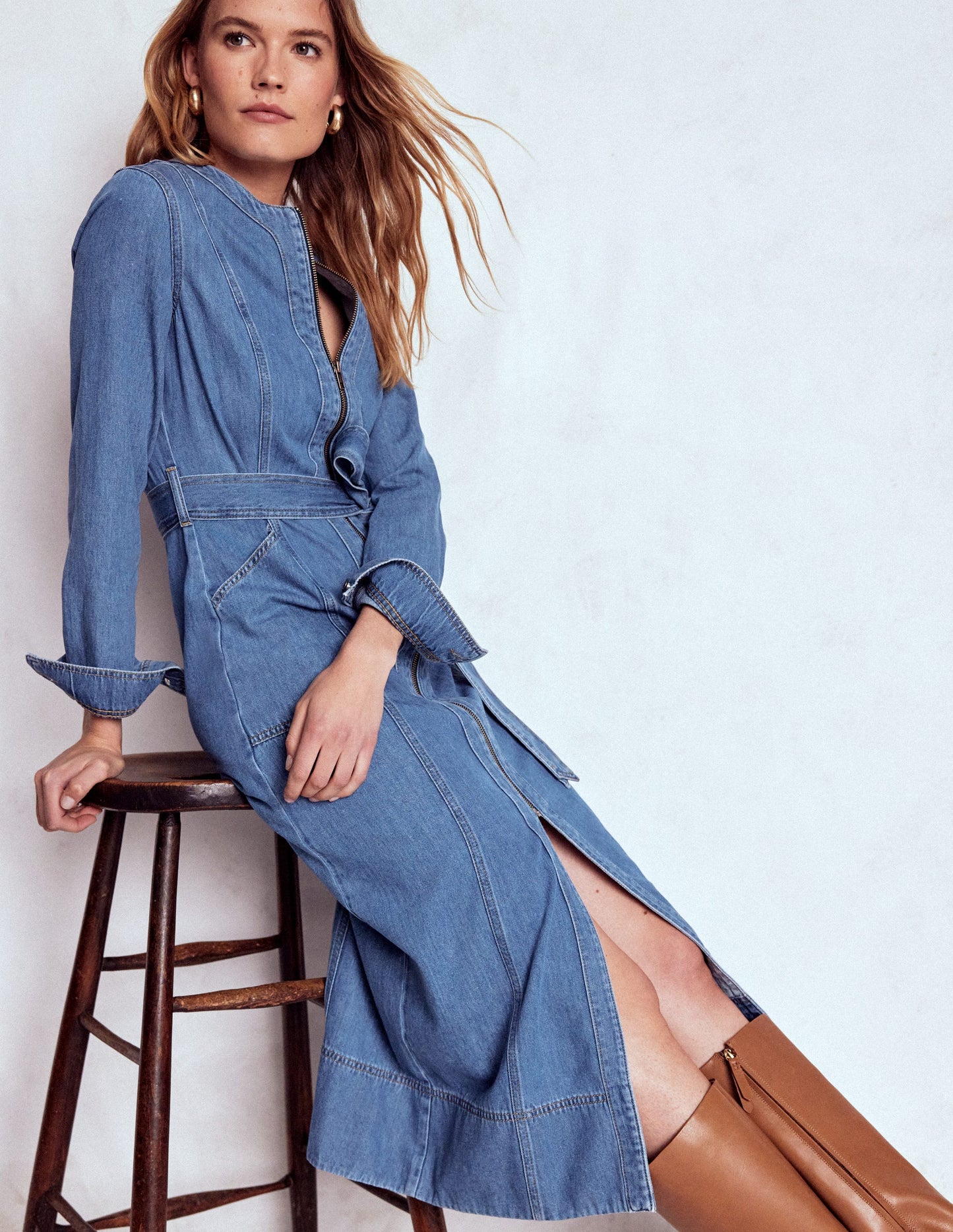 Zip Denim Straight Dress-Mid Vintage Denim