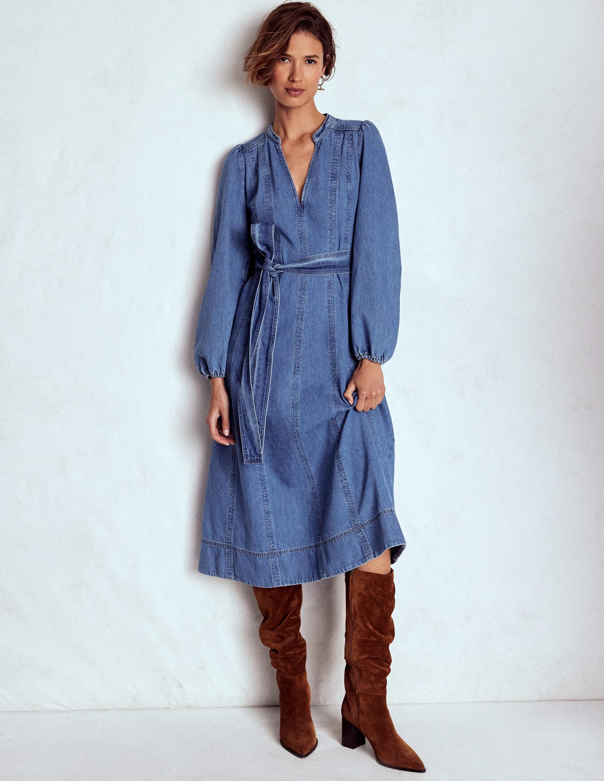 Flared Panel Denim Dress-Mid Vintage-5