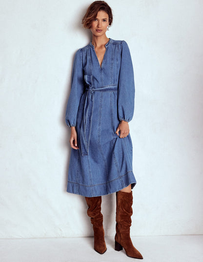 Flared Panel Denim Dress-Mid Vintage-5