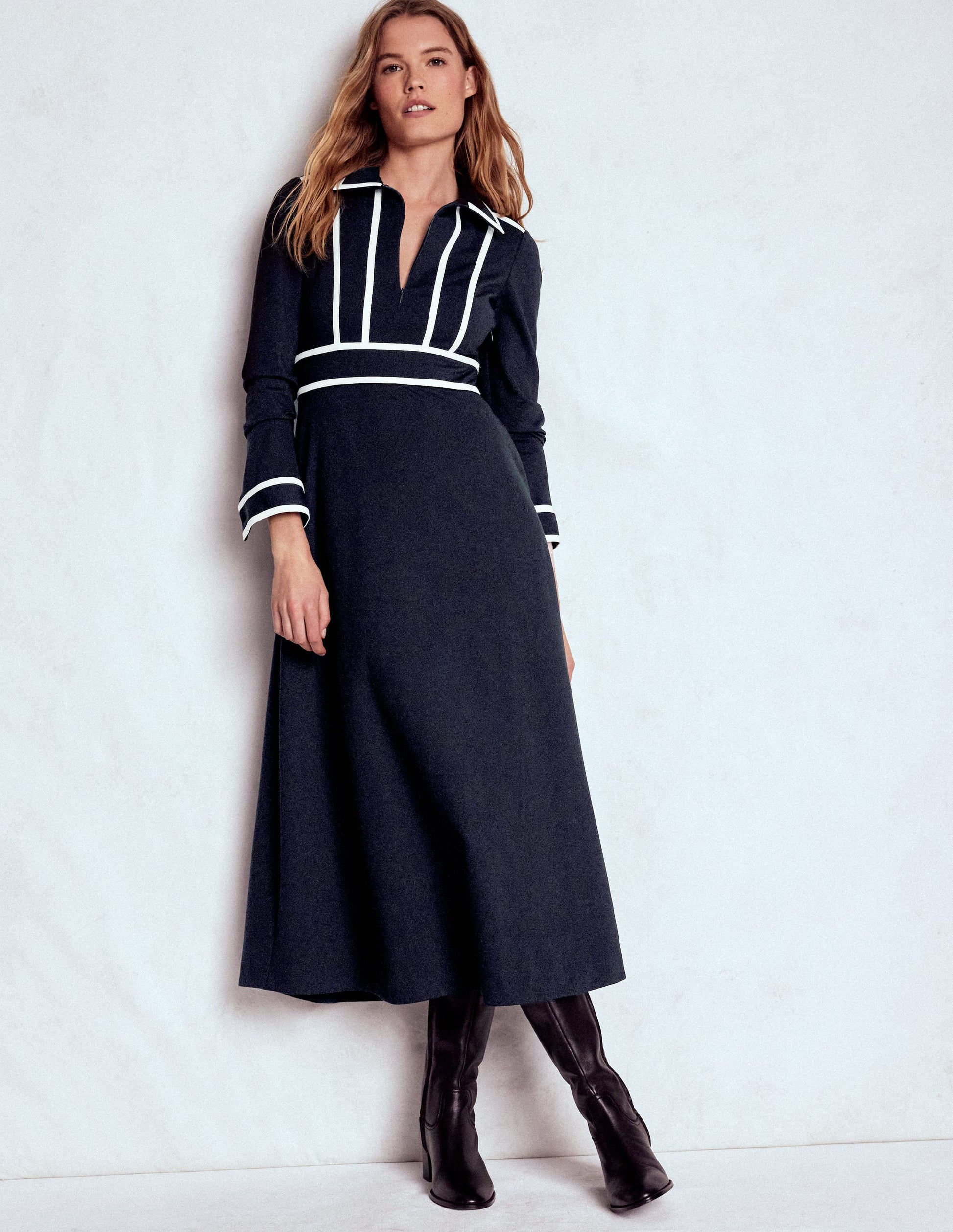 Contrast Ponte Midi Dress-Navy | Boden USA Contrast Ponte Midi Dress-Navy | Boden USA