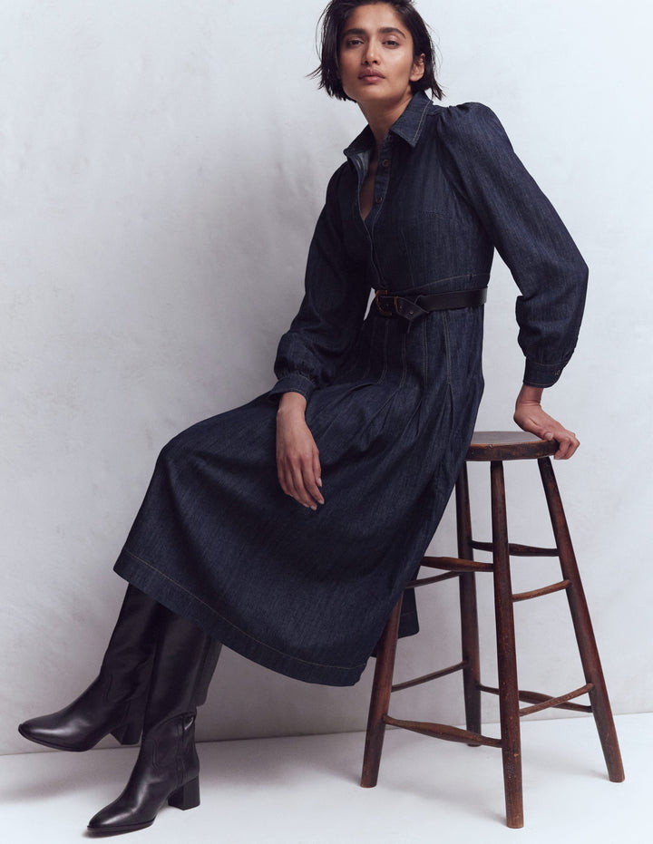 Pleat Skirt Denim Midi Dress-Indigo