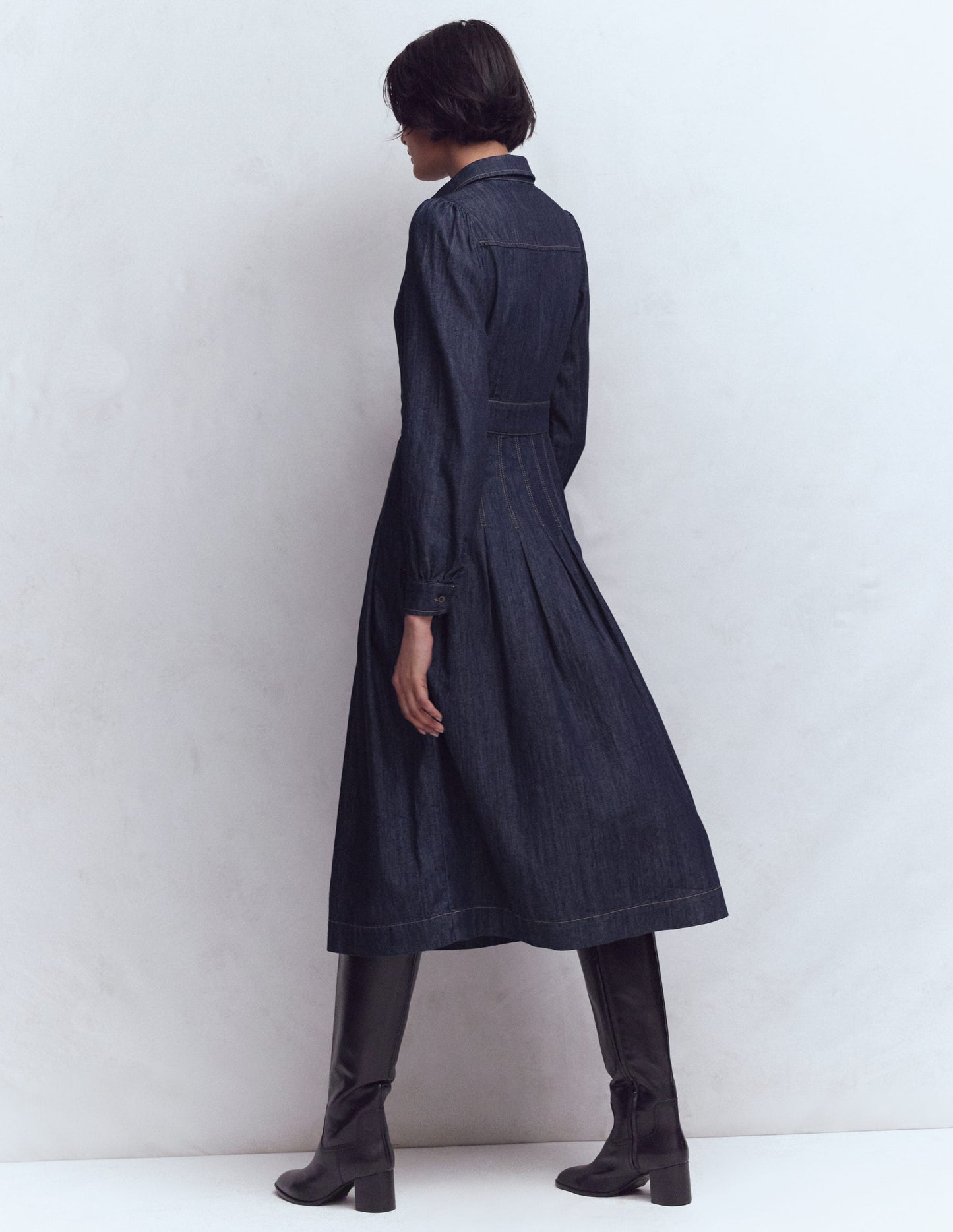 Pleat Skirt Denim Midi Dress-Indigo