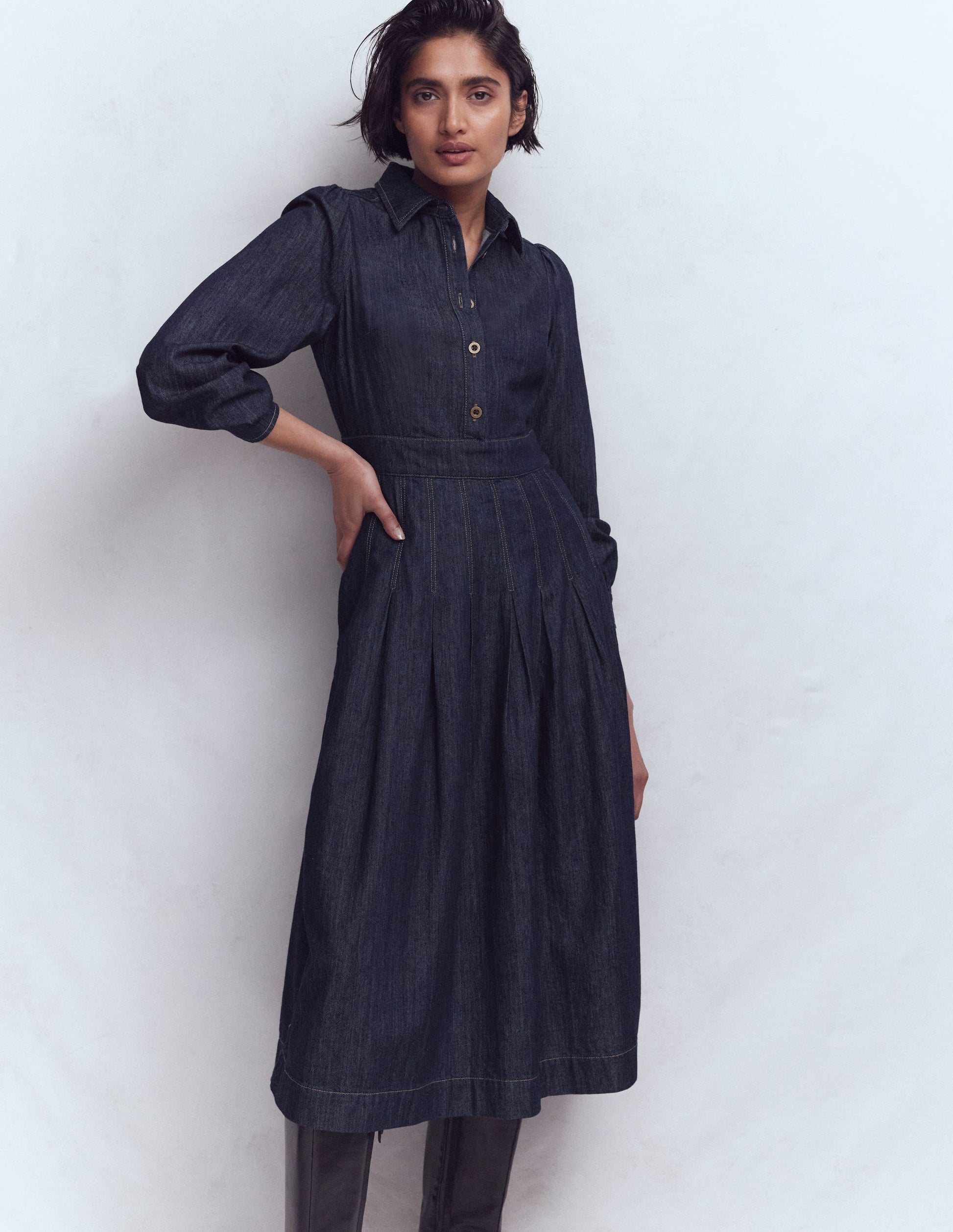 Pleat Skirt Denim Midi Dress-Indigo-4