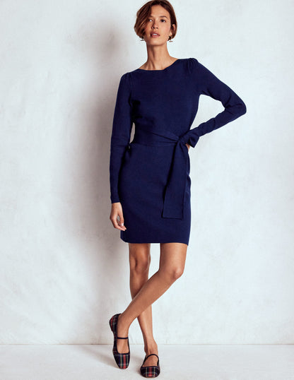 Tiana Tie Front Knitted Dress-Navy-5