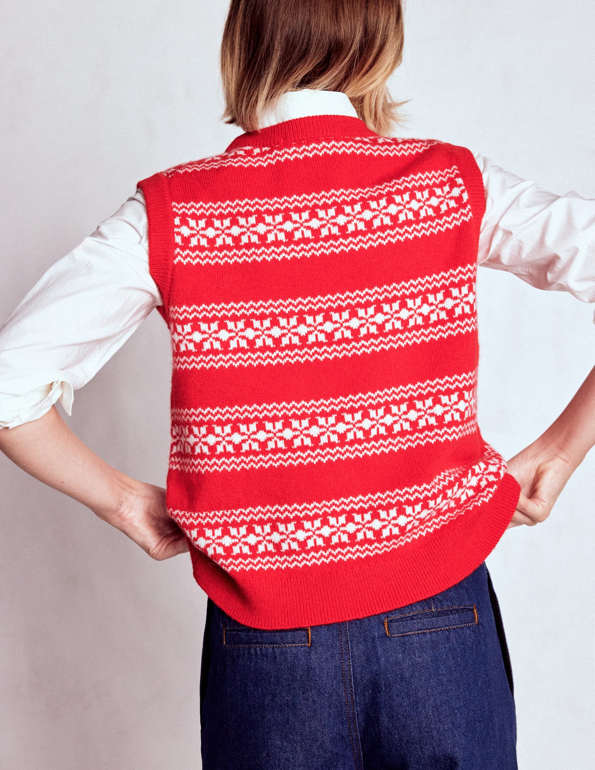 Edie Fair Isle Vest-Poppy Red, Warm Ivory - Image 3