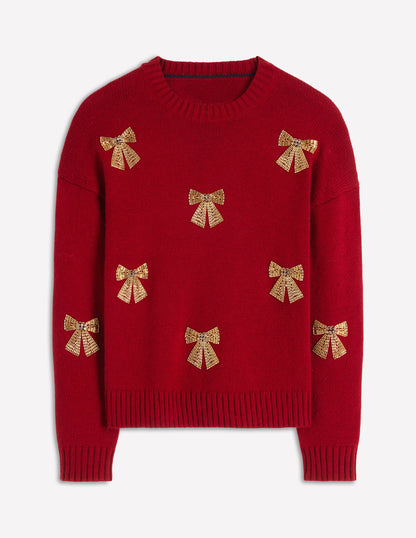 Natalie Embroidered Sweater-Red, Embellished Bows-6