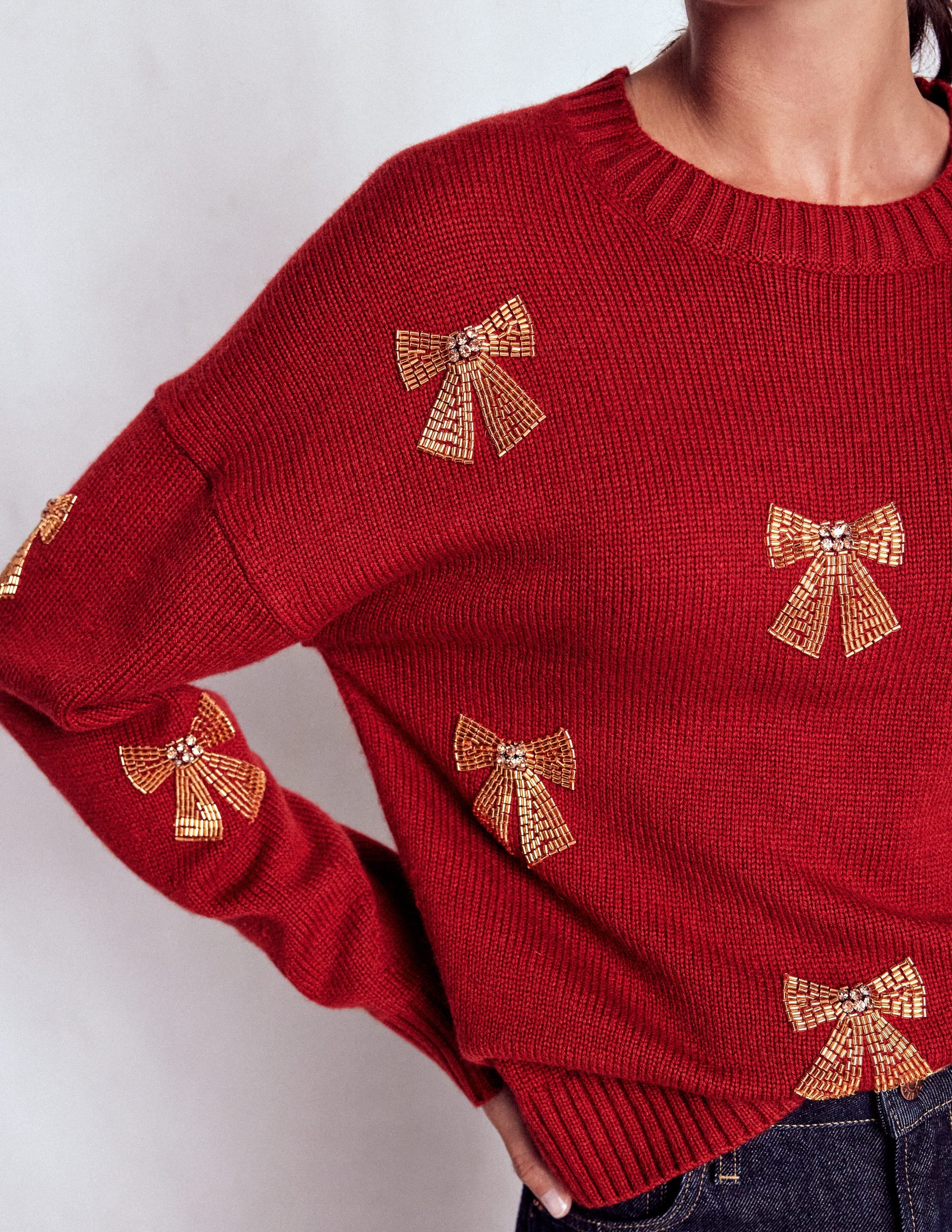 Natalie Embroidered Sweater-Red, Embellished Bows | Boden USA