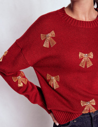 Natalie Embroidered Sweater-Red, Embellished Bows-3