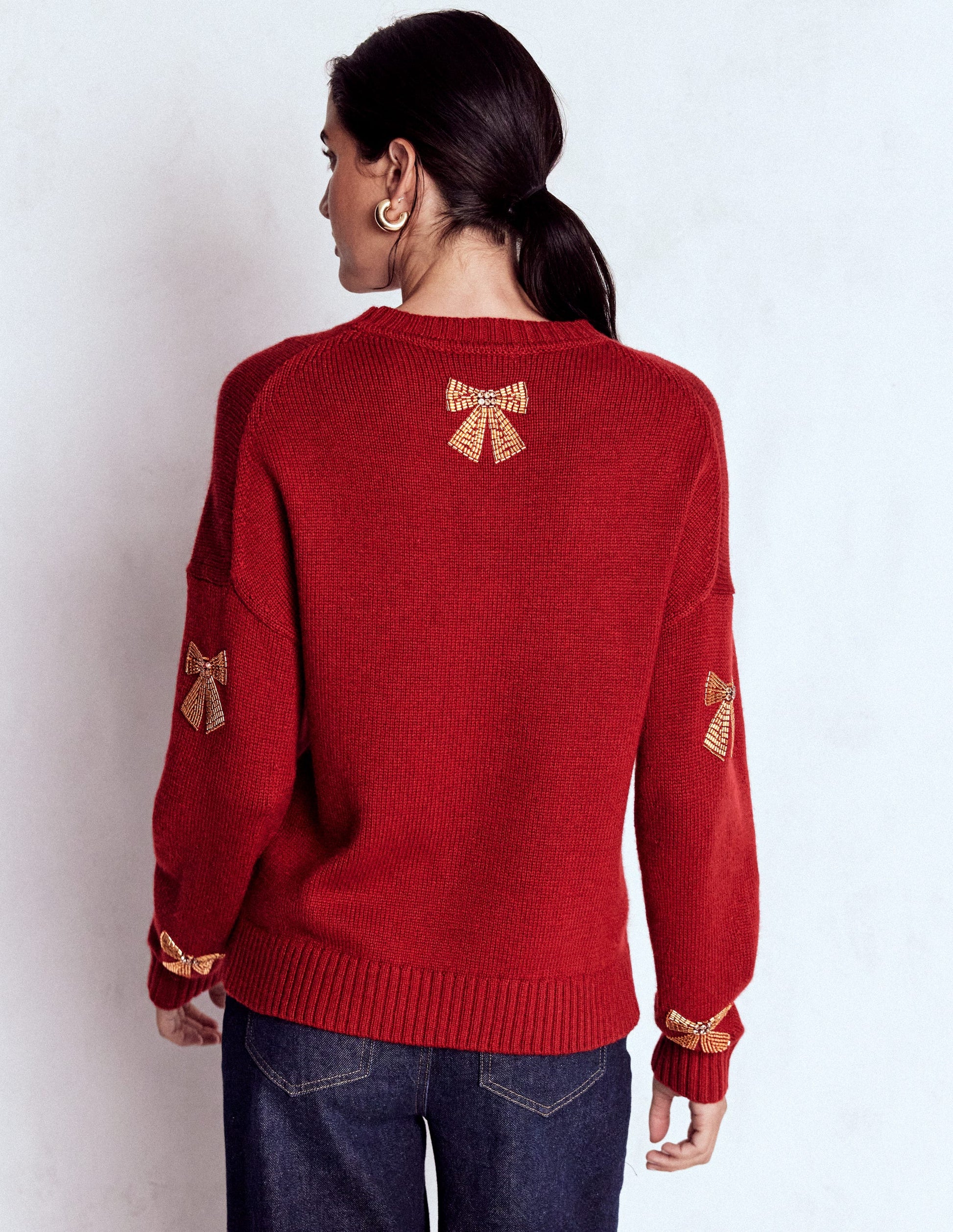 Natalie Embroidered Sweater-Red, Embellished Bows-4