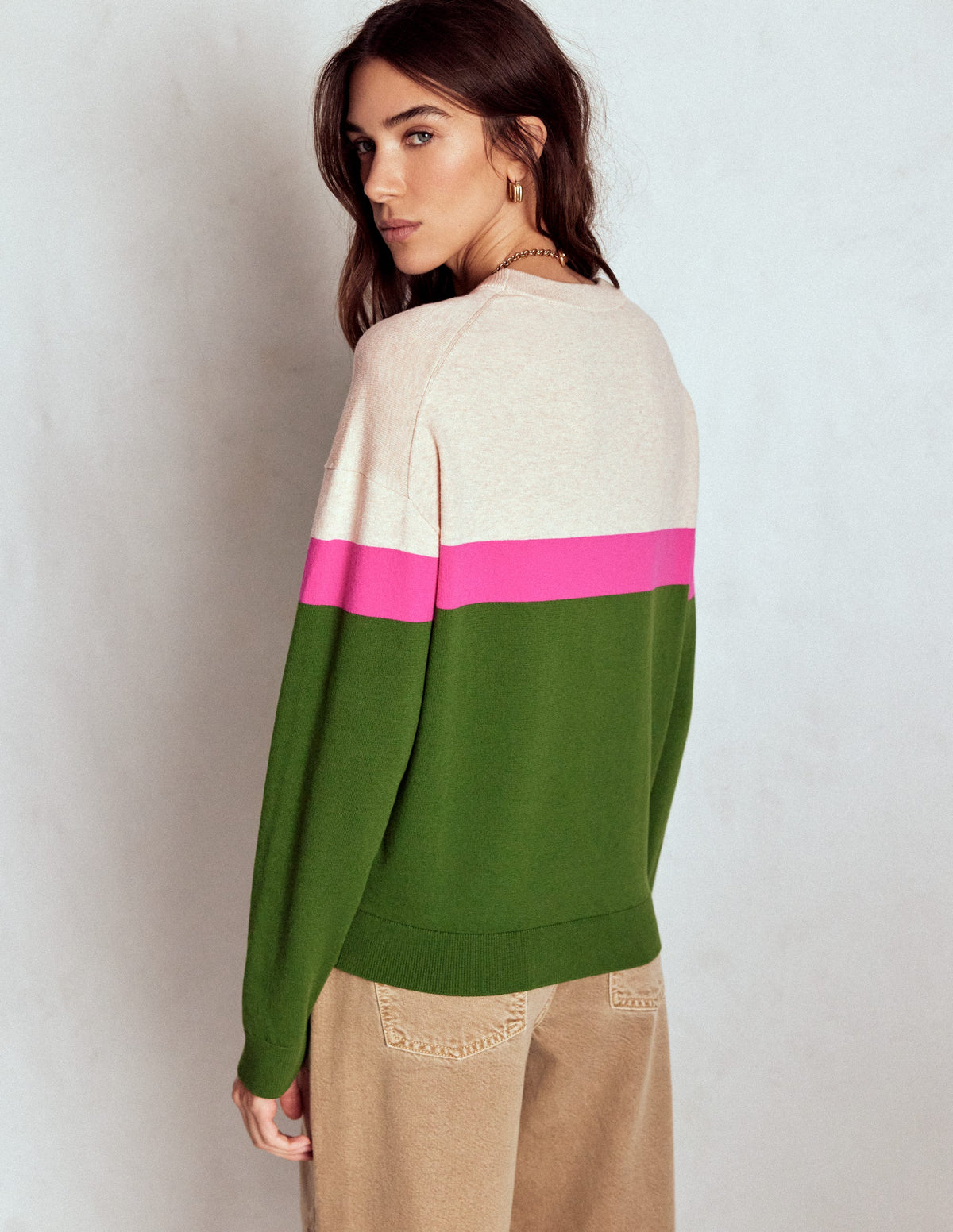Lara Relaxed Cotton Jumper-Courtyard Green / Pink Yarrow - Image 3