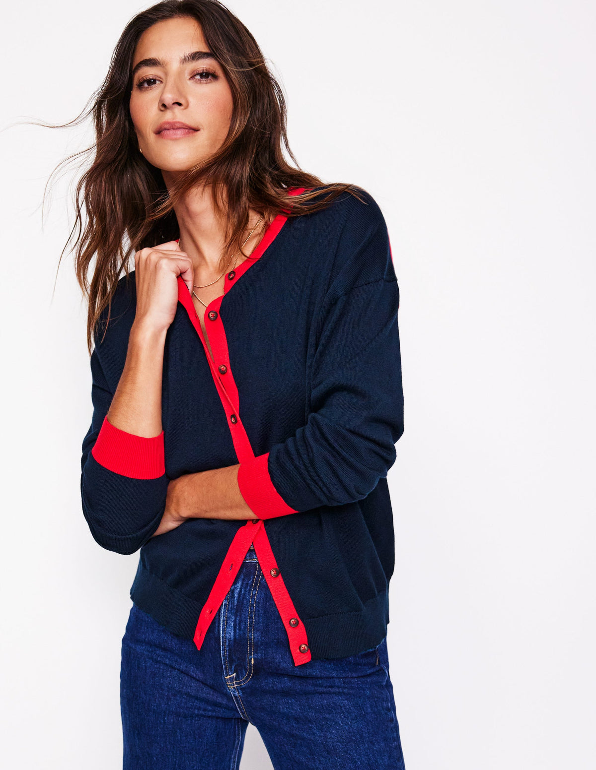 Lara Relaxed Cotton Cardigan-Navy, Poppy Red - Image 1