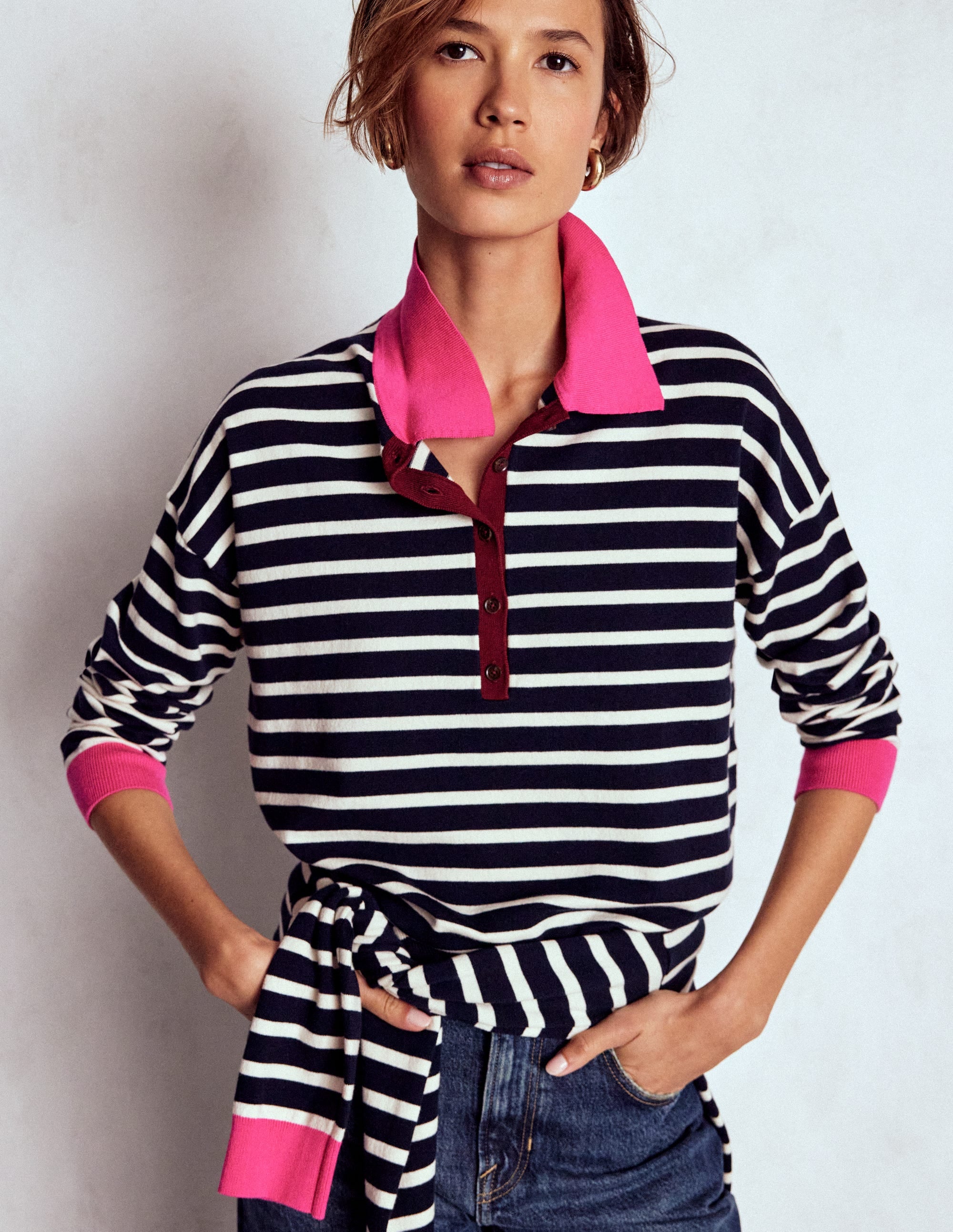 Lara Cotton Henley Jumper-Navy Stripe | Boden USA