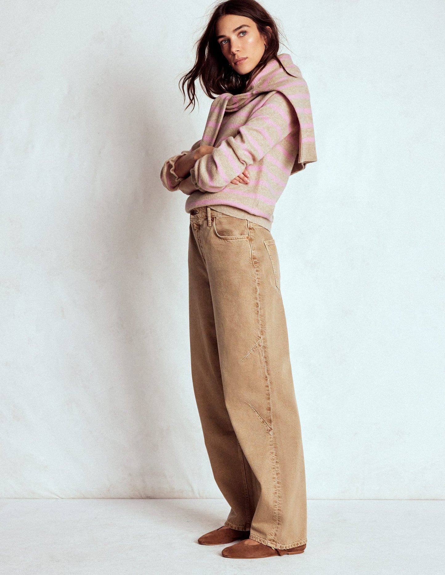 Fae Fair Isle Frilled Sweater-Camel, Pink Stripe