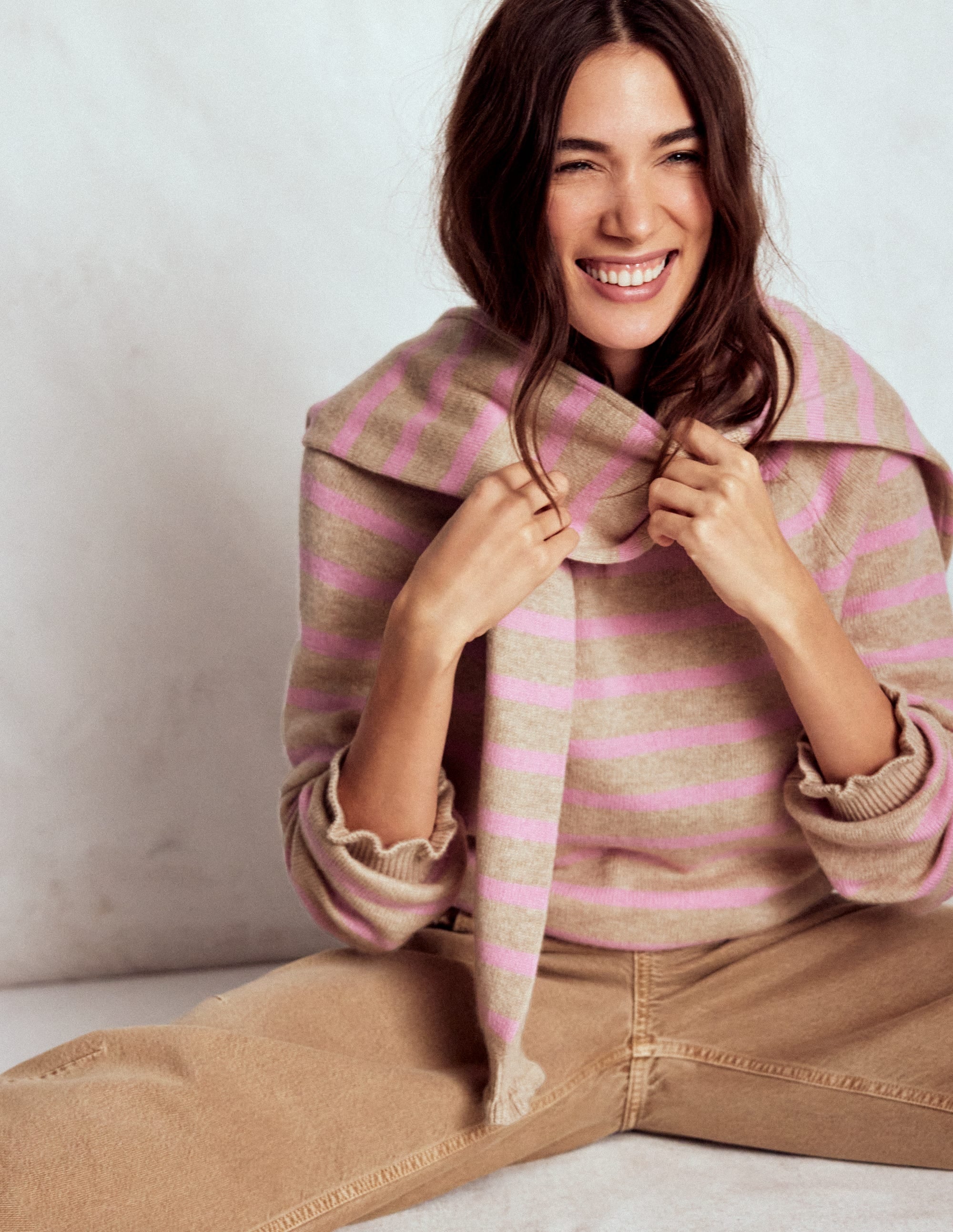 Fae Fair Isle Frilled Sweater-Camel, Pink Stripe - Image 5