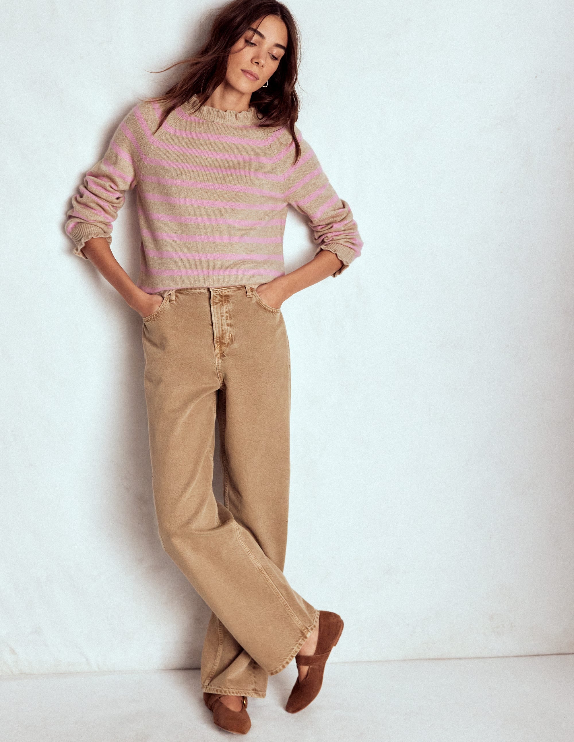 Fae Fair Isle Frilled Sweater-Camel, Pink Stripe - Image 6