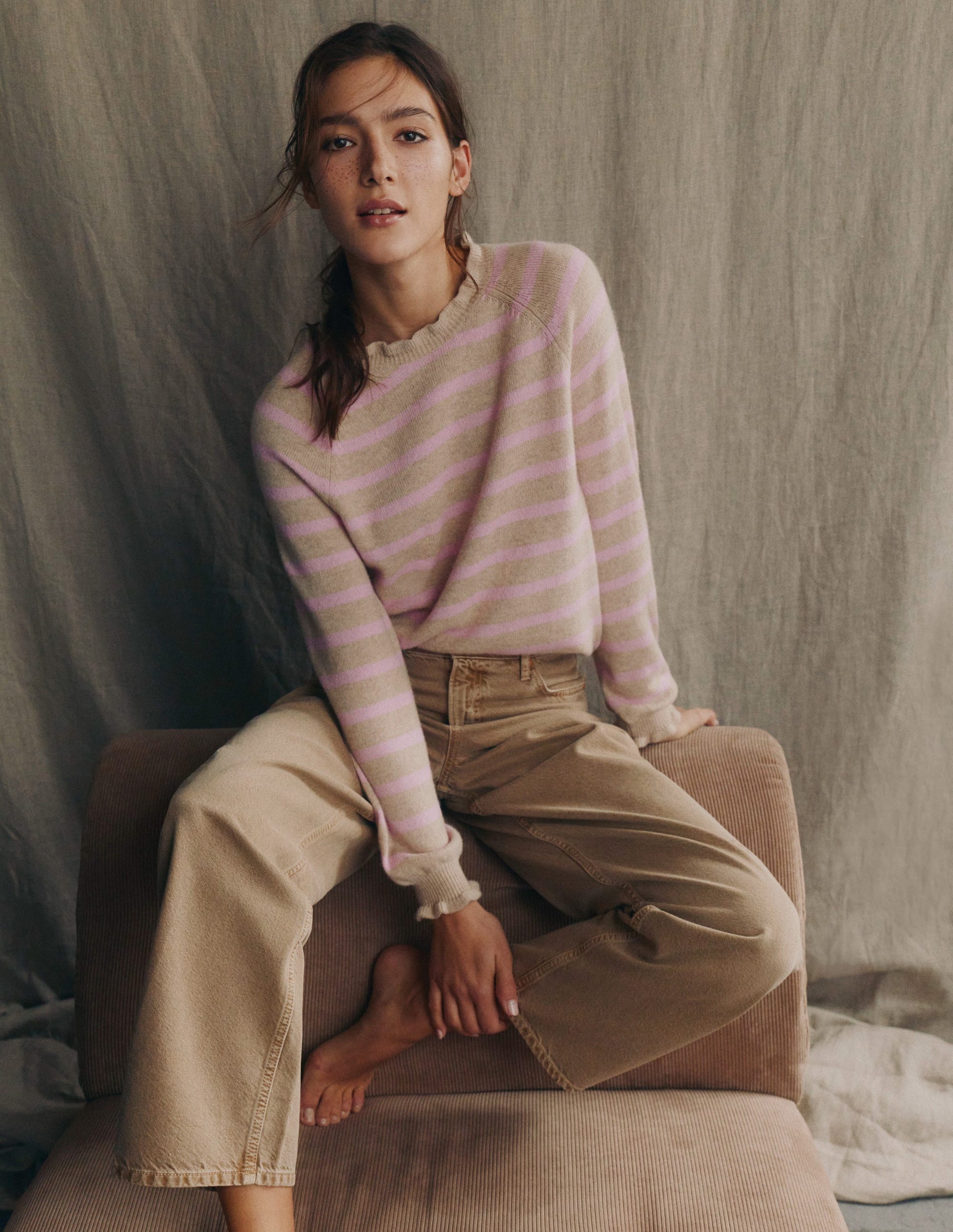 Fae Fair Isle Frilled Sweater-Camel, Pink Stripe-1