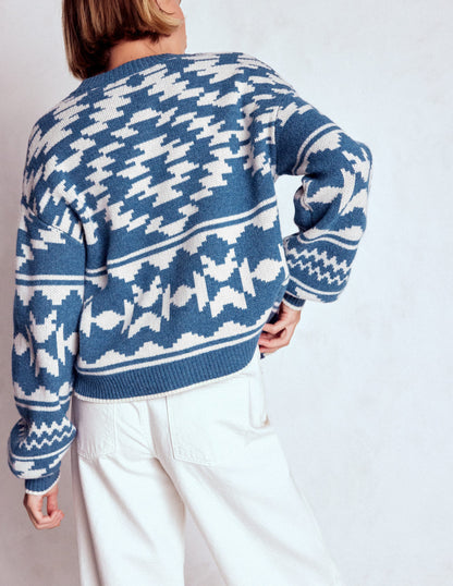 Abi Jacquard Cardigan-Denim Blue Aztec-3