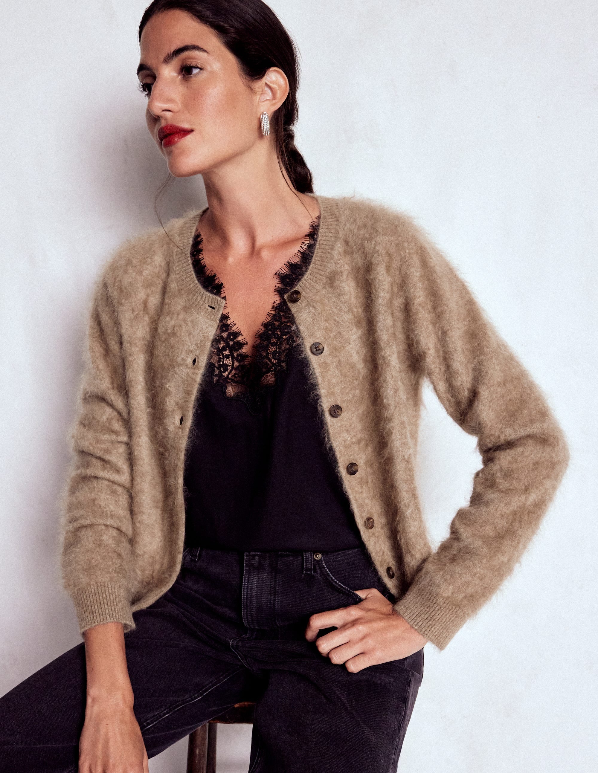 Brushed Crop Cashmere Cardigan-Dark Mink Melange | Boden USA