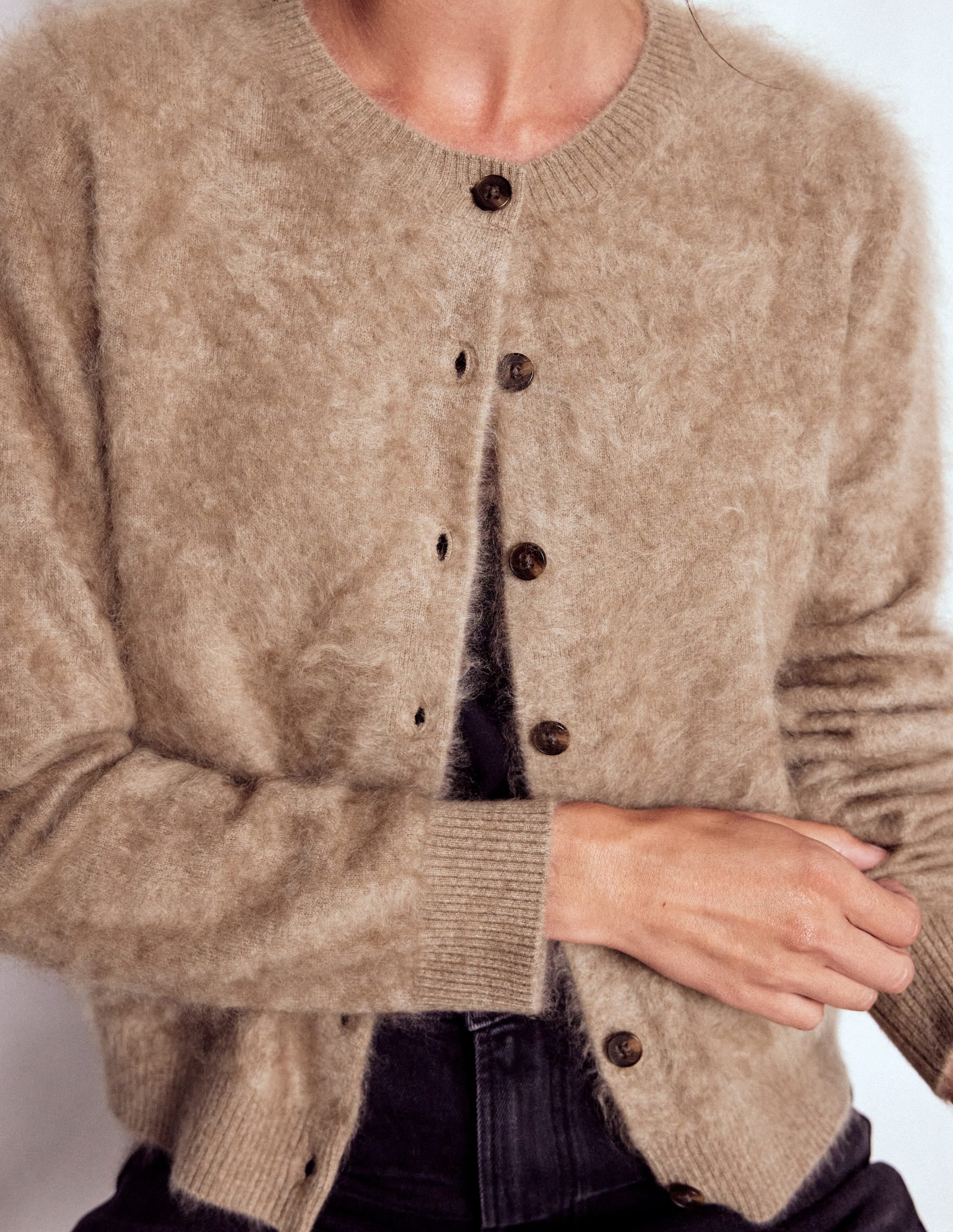 Brushed Crop Cashmere Cardigan-Dark Mink Melange | Boden USA