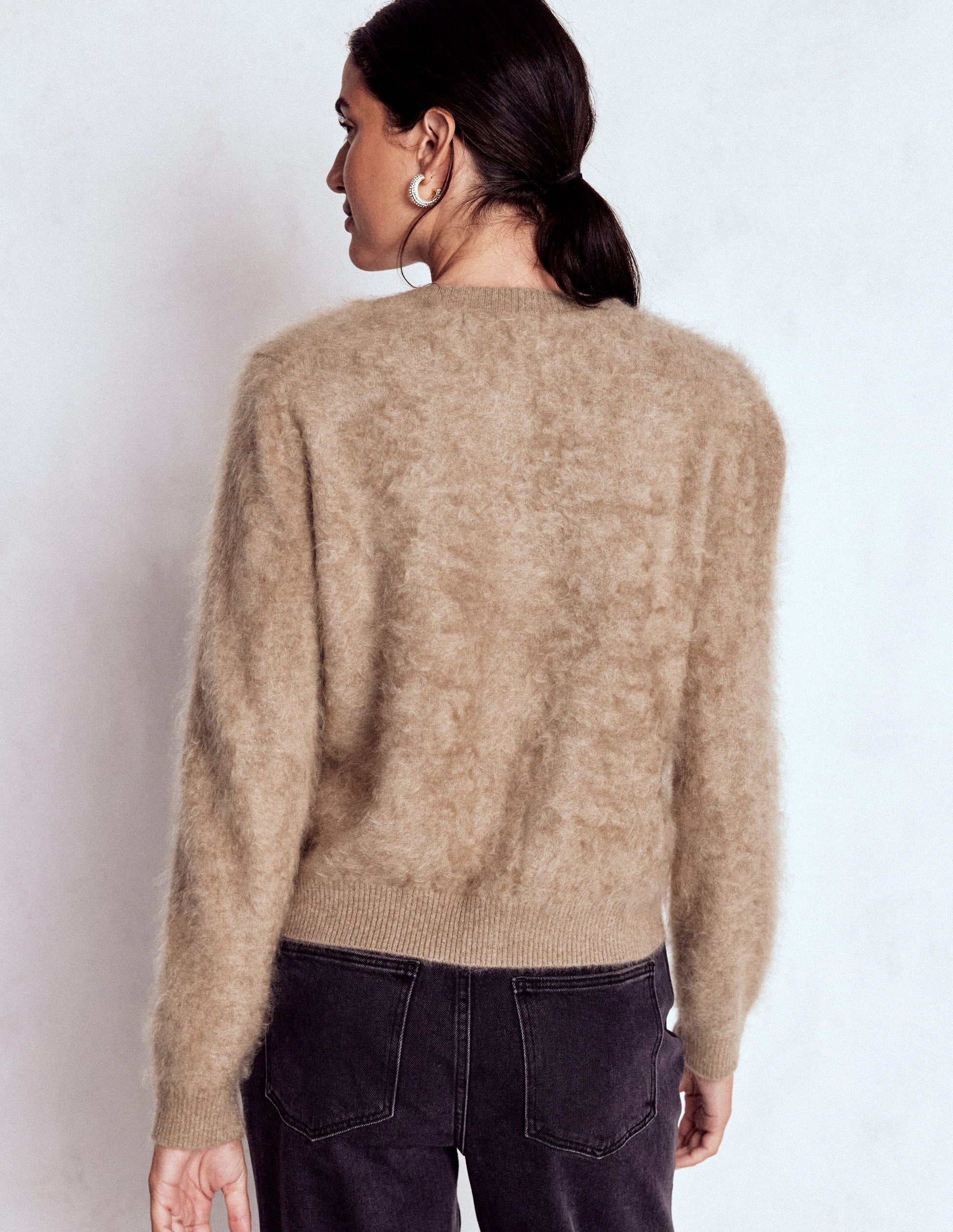 Brushed Crop Cashmere Cardigan-Dark Mink Melange-3