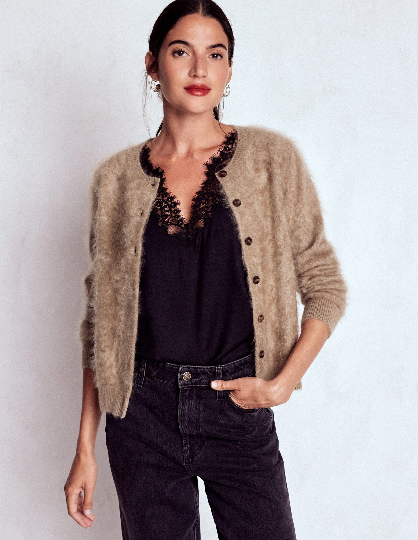 Brushed Crop Cashmere Cardigan-Dark Mink Melange