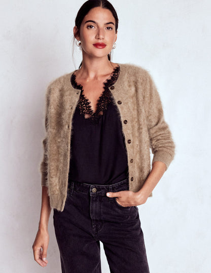 Brushed Crop Cashmere Cardigan-Dark Mink Melange-4
