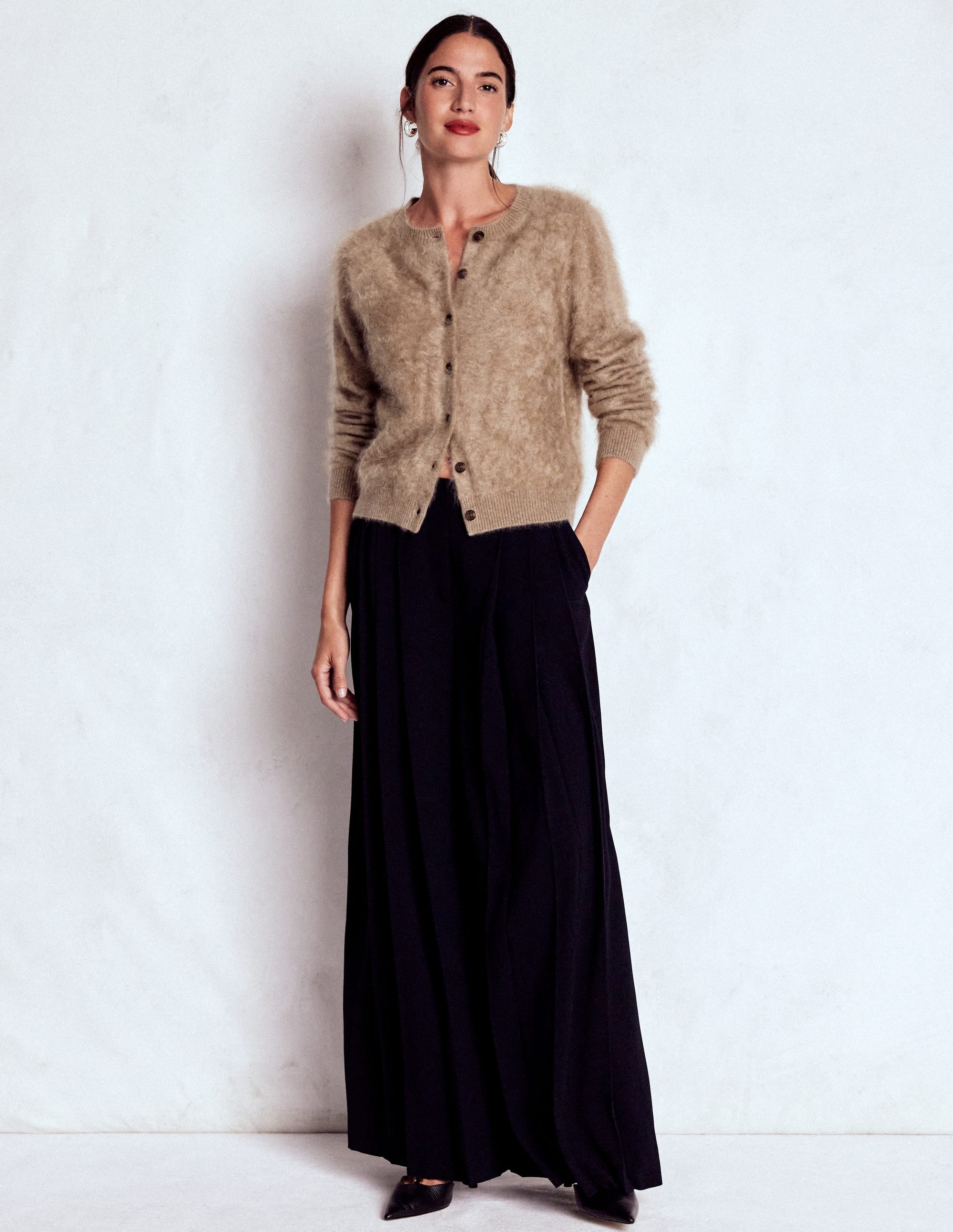 Brushed Crop Cashmere Cardigan-Dark Mink Melange | Boden USA